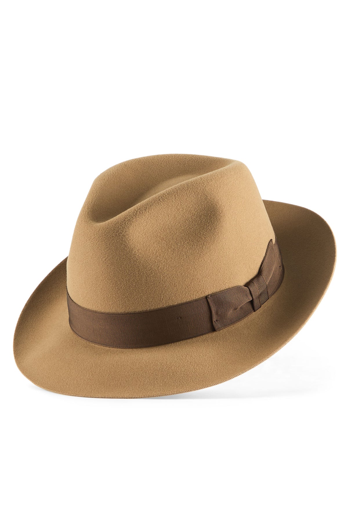 Men's ultrafine wool camel fedora hat with a brown grosgrain ribbon and bow