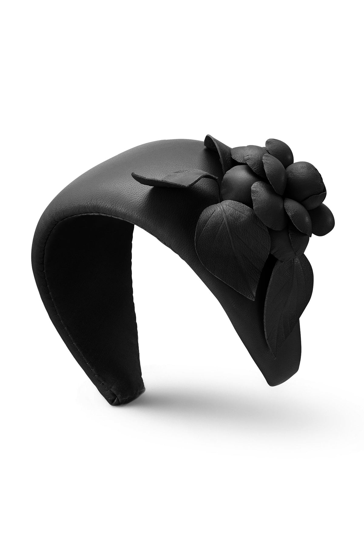 BLACK NAPPA LEATHER COUTURE HEADBAND WITH FLOWER DETAIL