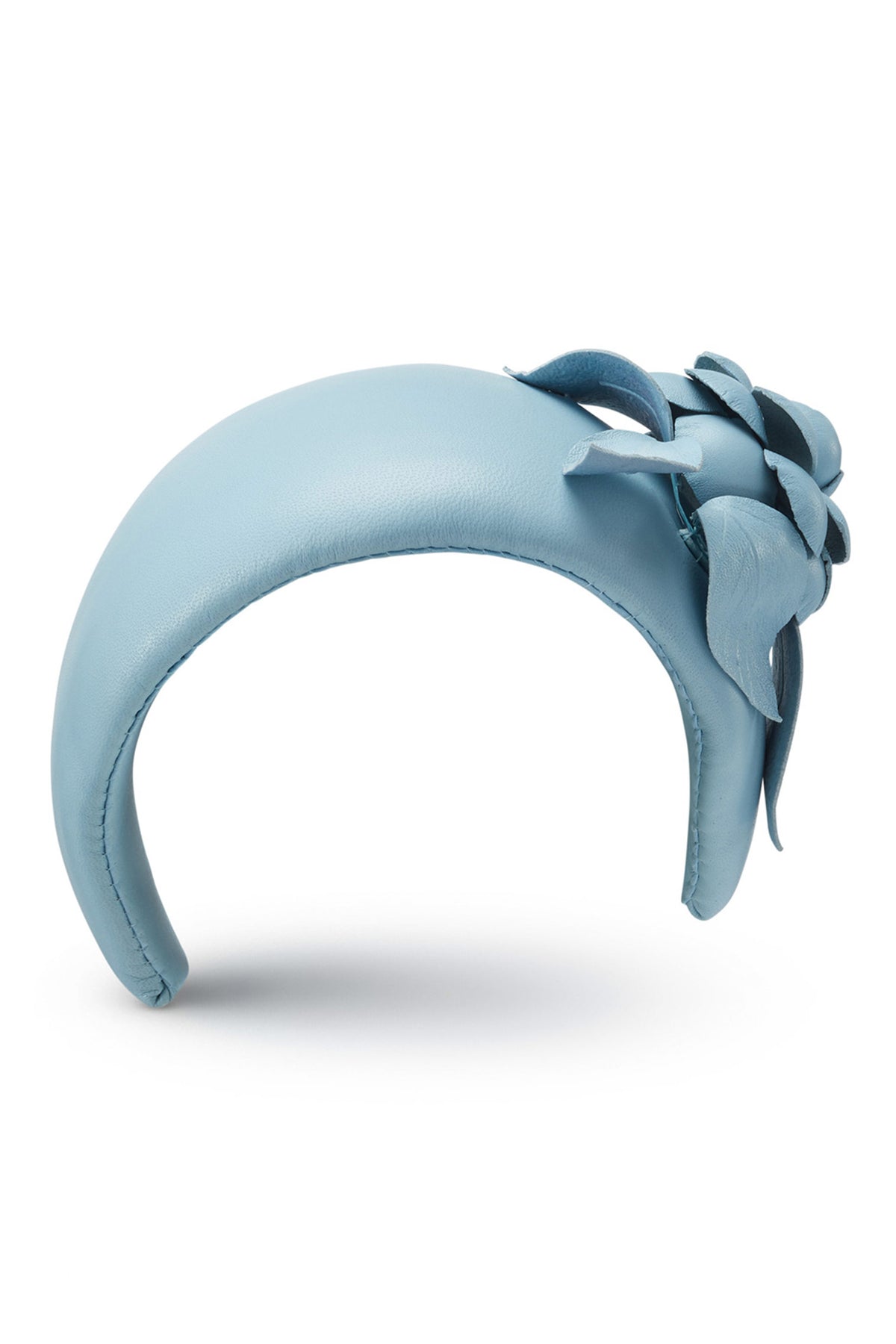 LIGHT BLUE NAPPA LEATHER COUTURE HEADBAND WITH FLOWER DETAIL
