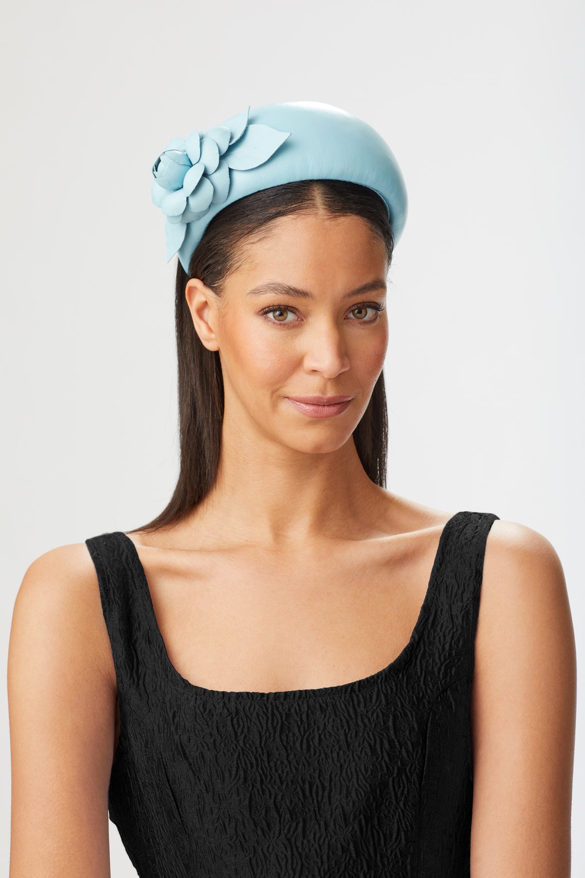 LIGHT BLUE NAPPA LEATHER COUTURE HEADBAND WITH FLOWER DETAIL
