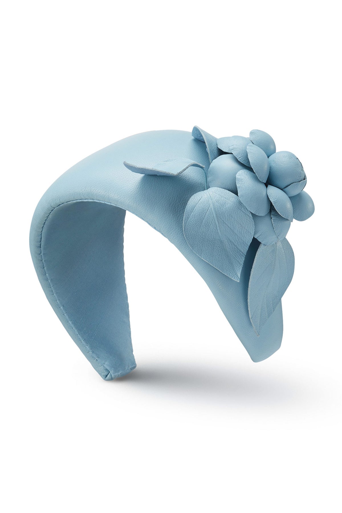 LIGHT BLUE NAPPA LEATHER COUTURE HEADBAND WITH FLOWER DETAIL