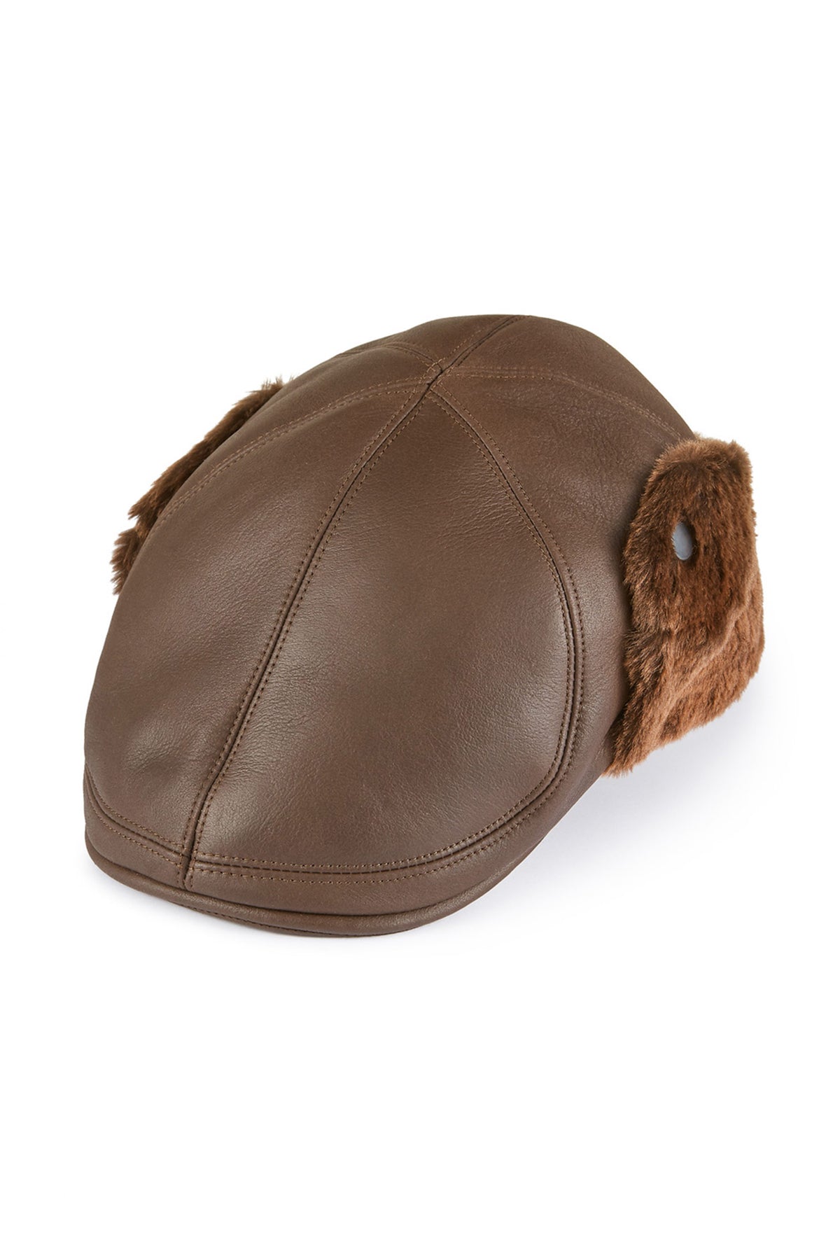 BROWN LEATHER FLAT CAP WITH SHEARLING FUR EAR FLAPS