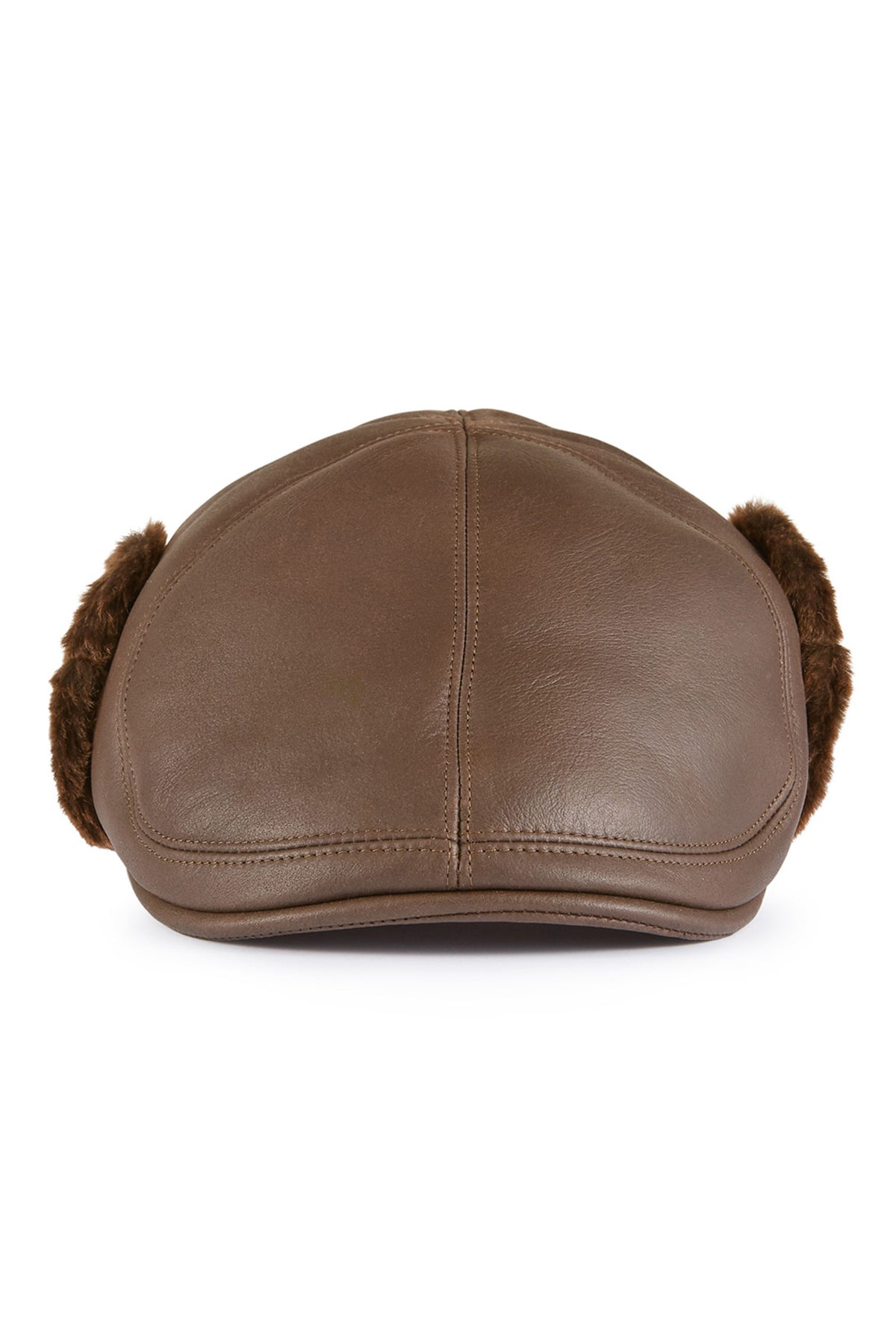 BROWN LEATHER FLAT CAP WITH SHEARLING FUR EAR FLAPS