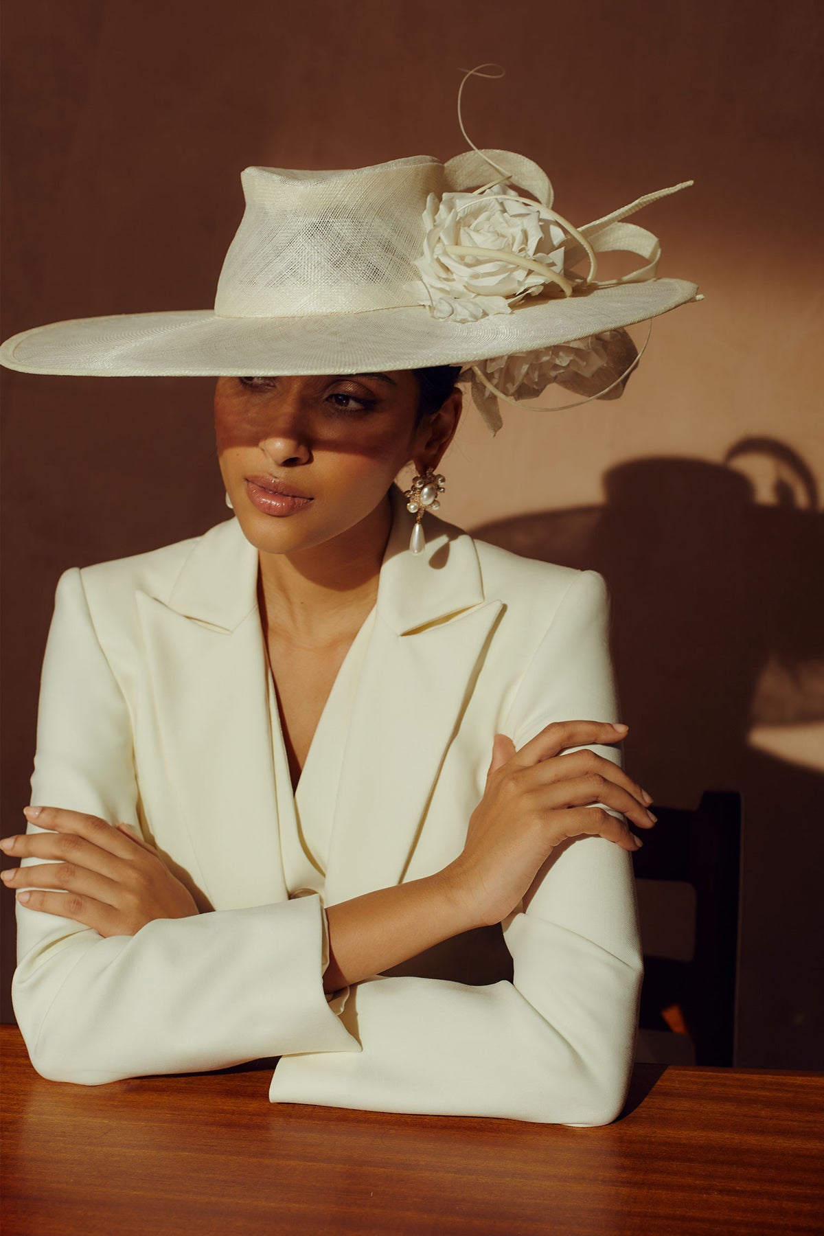 Ivory sinamay wide brim fedora hat with silk dupion roses - Lock & Co. Hatters London UK