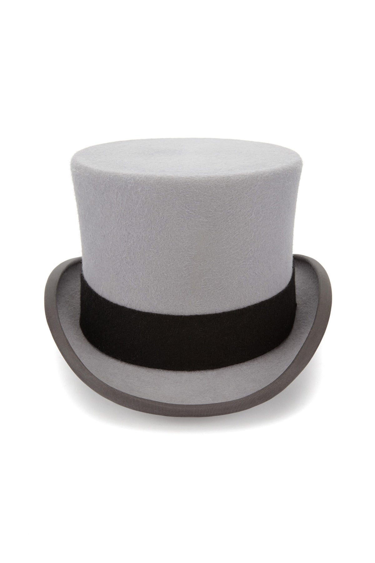 GREY RABBIT FUR FELT TOP HAT WITH BLACK BAND AND CURLED BRIM