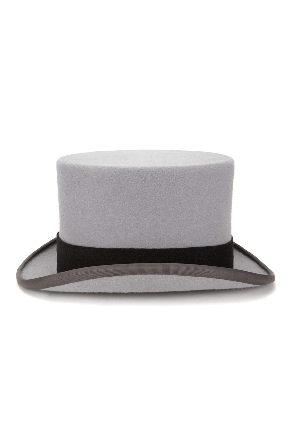 GREY RABBIT FUR FELT TOP HAT WITH BLACK BAND AND A CURLED BRIM