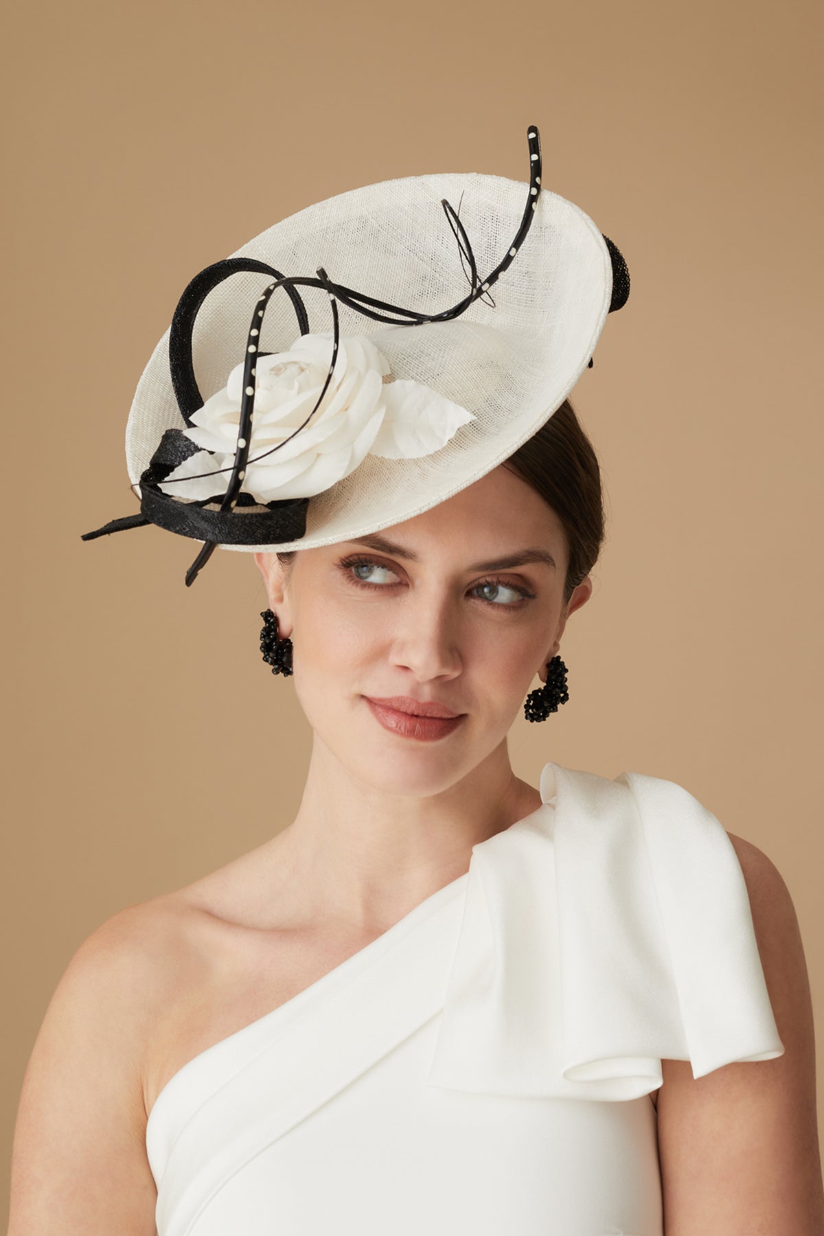 WOMEN'S IVORY WHITE & BLACK SINAMAY SAUCER HAT WITH POLKA DOT TWIRLING AND WHITE SILK CAMELLIA DETAILING - Lock & Co. Hatters London UK
