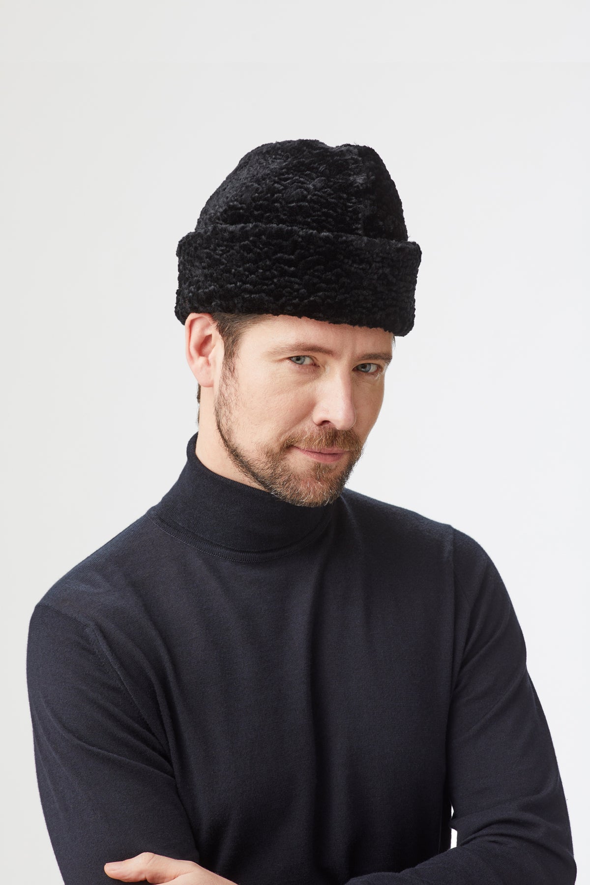 BLACK FAUX FUR KARAKUL HAT WITH INTERNAL EAR FLAPS