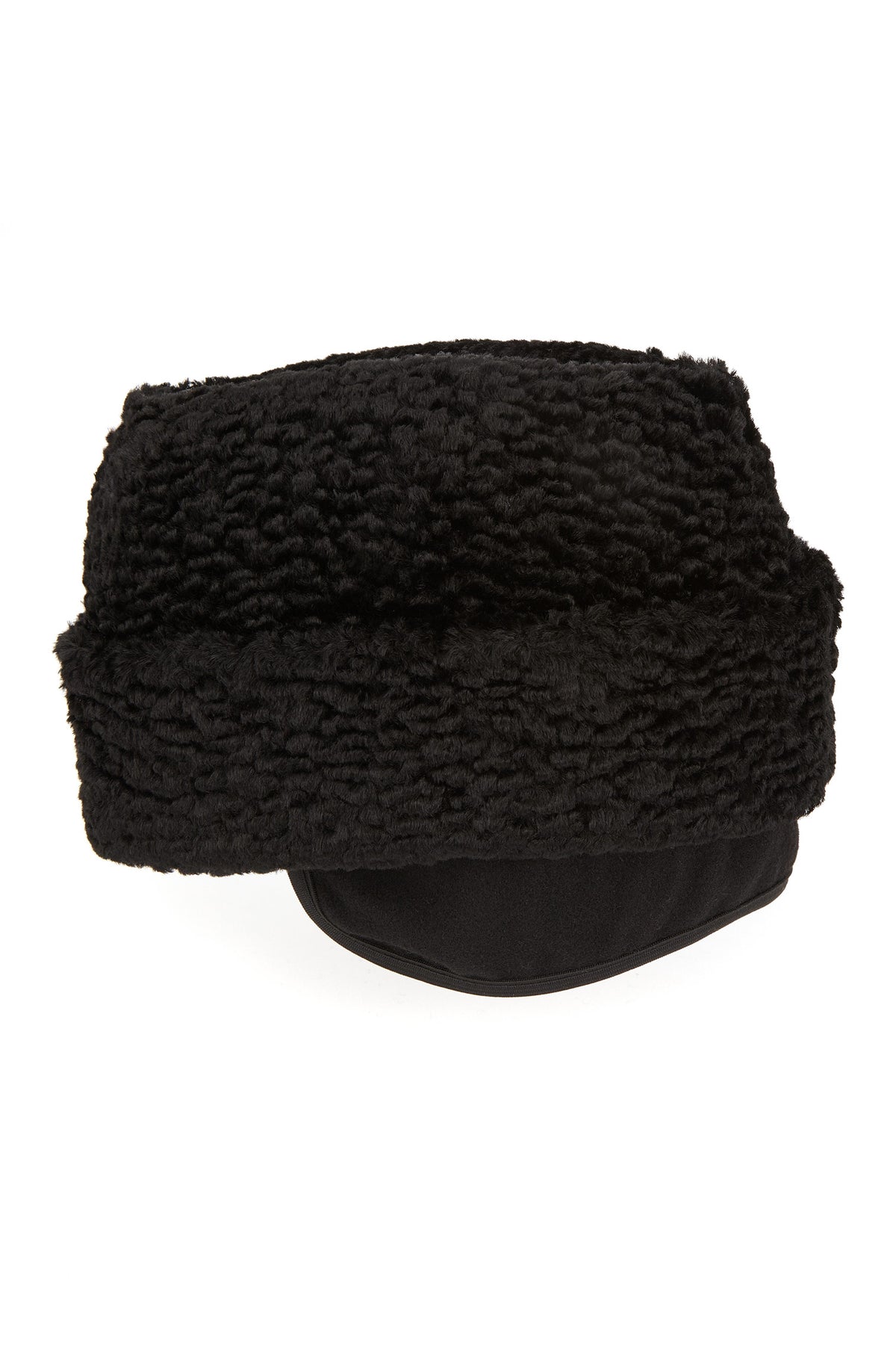 BLACK FAUX FUR KARAKUL HAT WITH INTERNAL EAR FLAPS