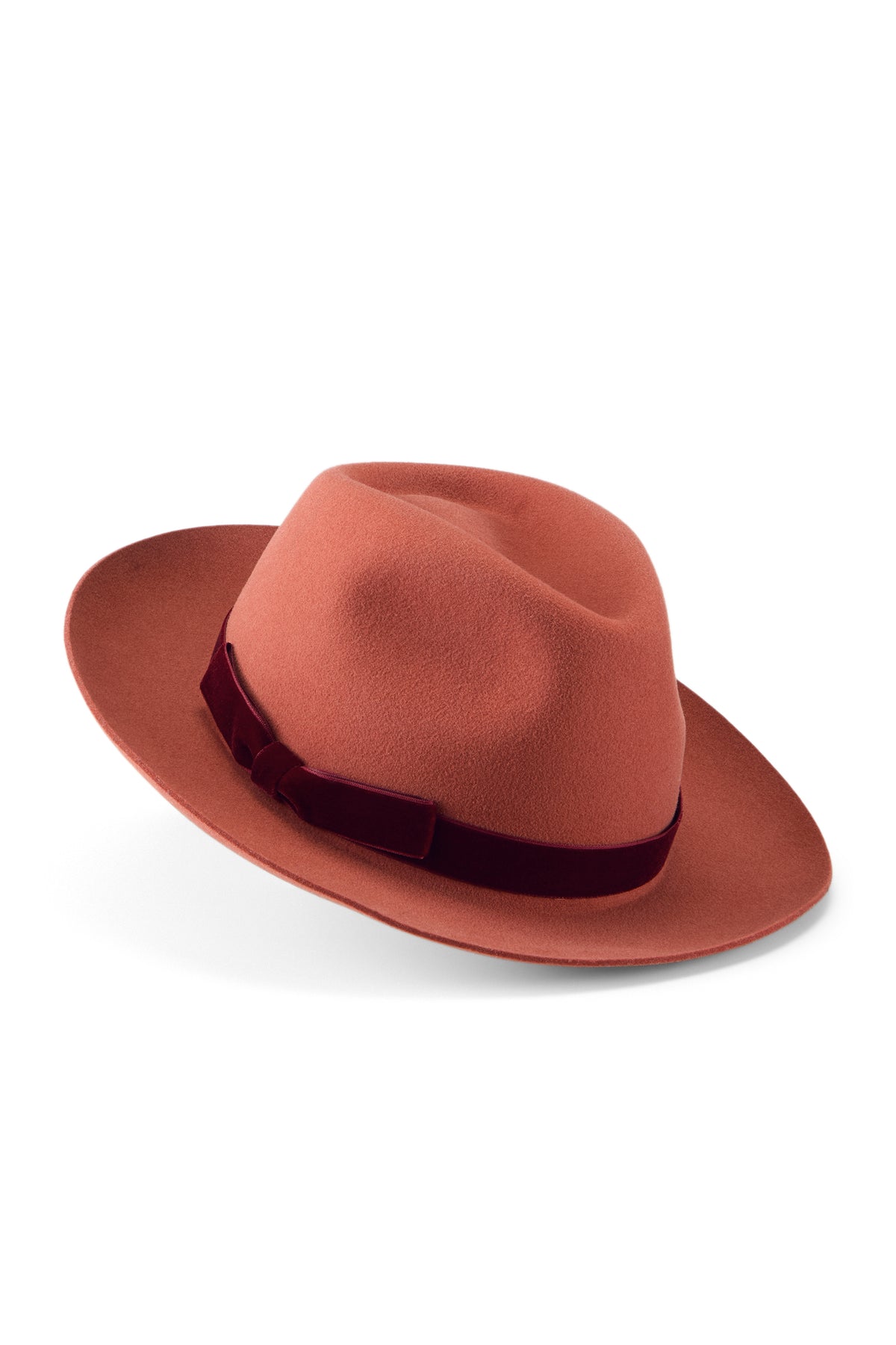 Burnt orange rabbit fur felt trilby hat with a burgundy band and bow