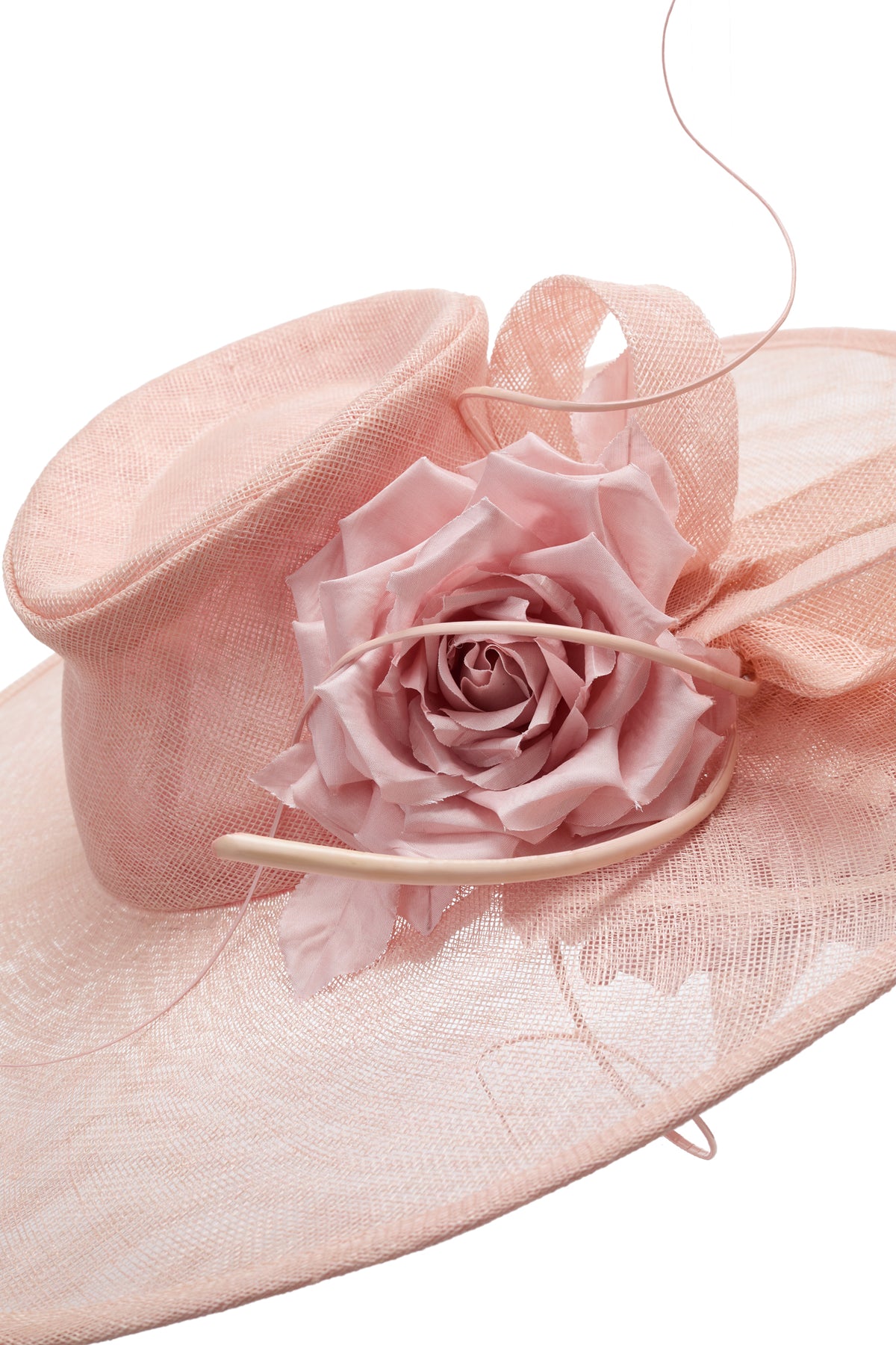 Silk dupion roses and artful sinamay bows on pale pink sinamay fedora hat