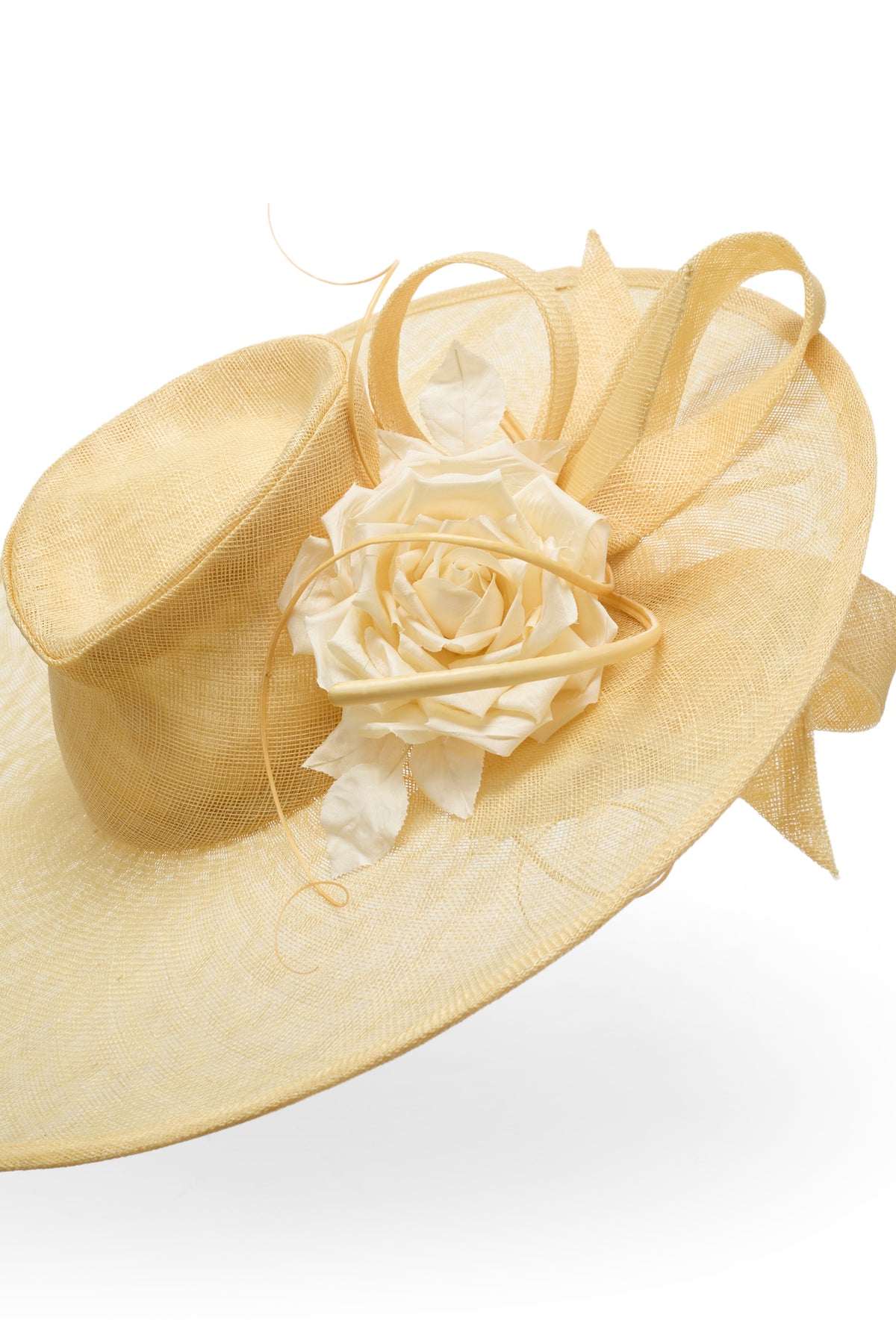 Silk dupion roses and artful sinamay bows on pale yellow sinamay fedora hat - Lock & Co. Hatters London UK