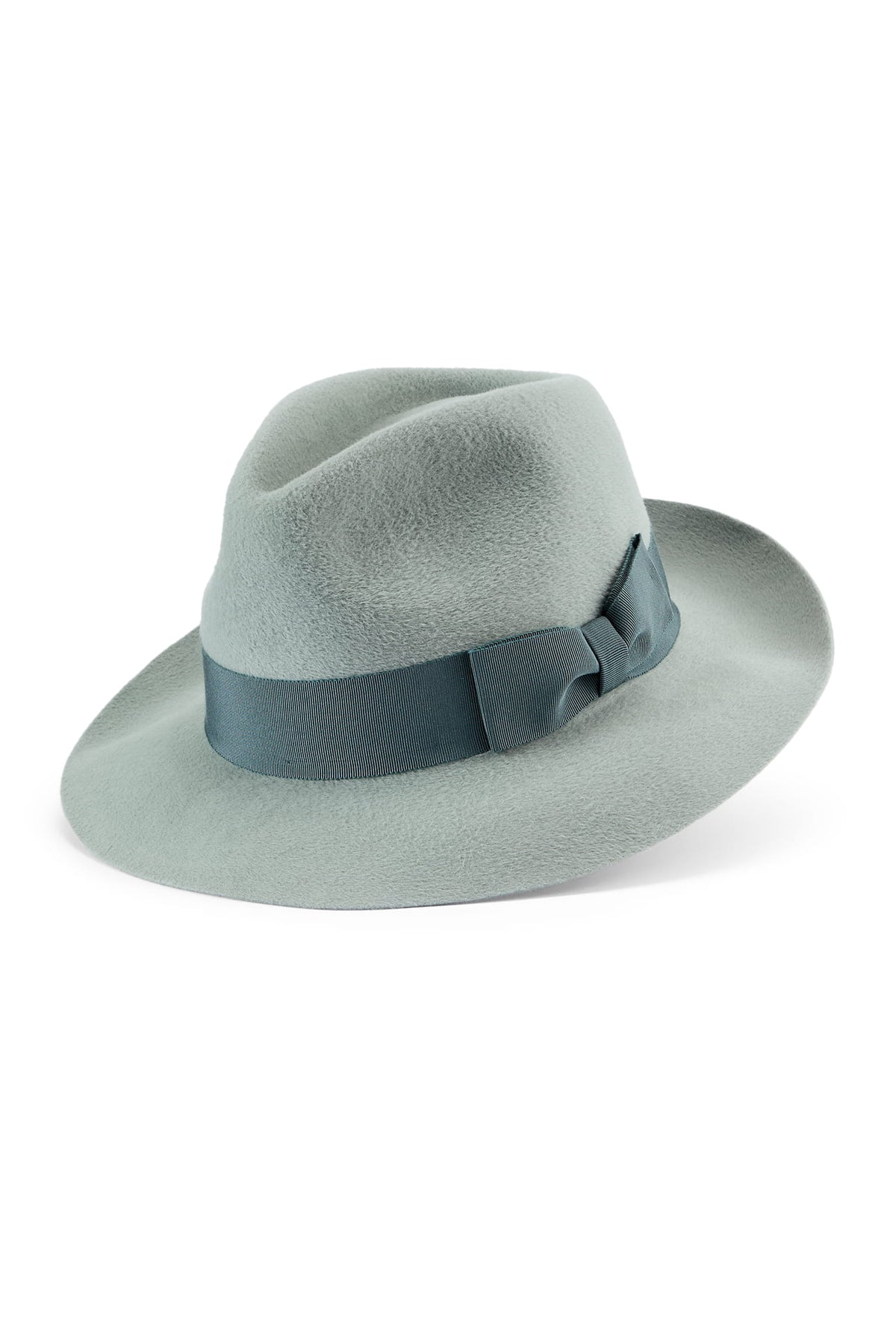 Unisex sage green rabbit fur felt trilby hat with a teal green band and bow.