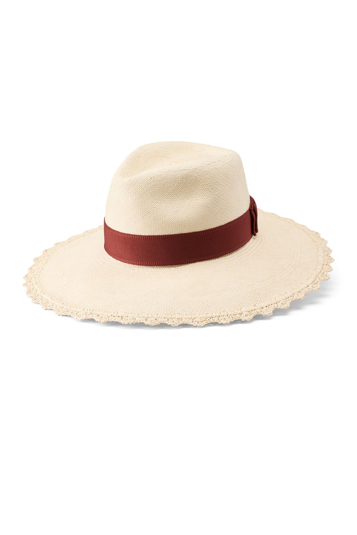 Women's scalloped edge natural straw Panama hat with a dark red ribbon