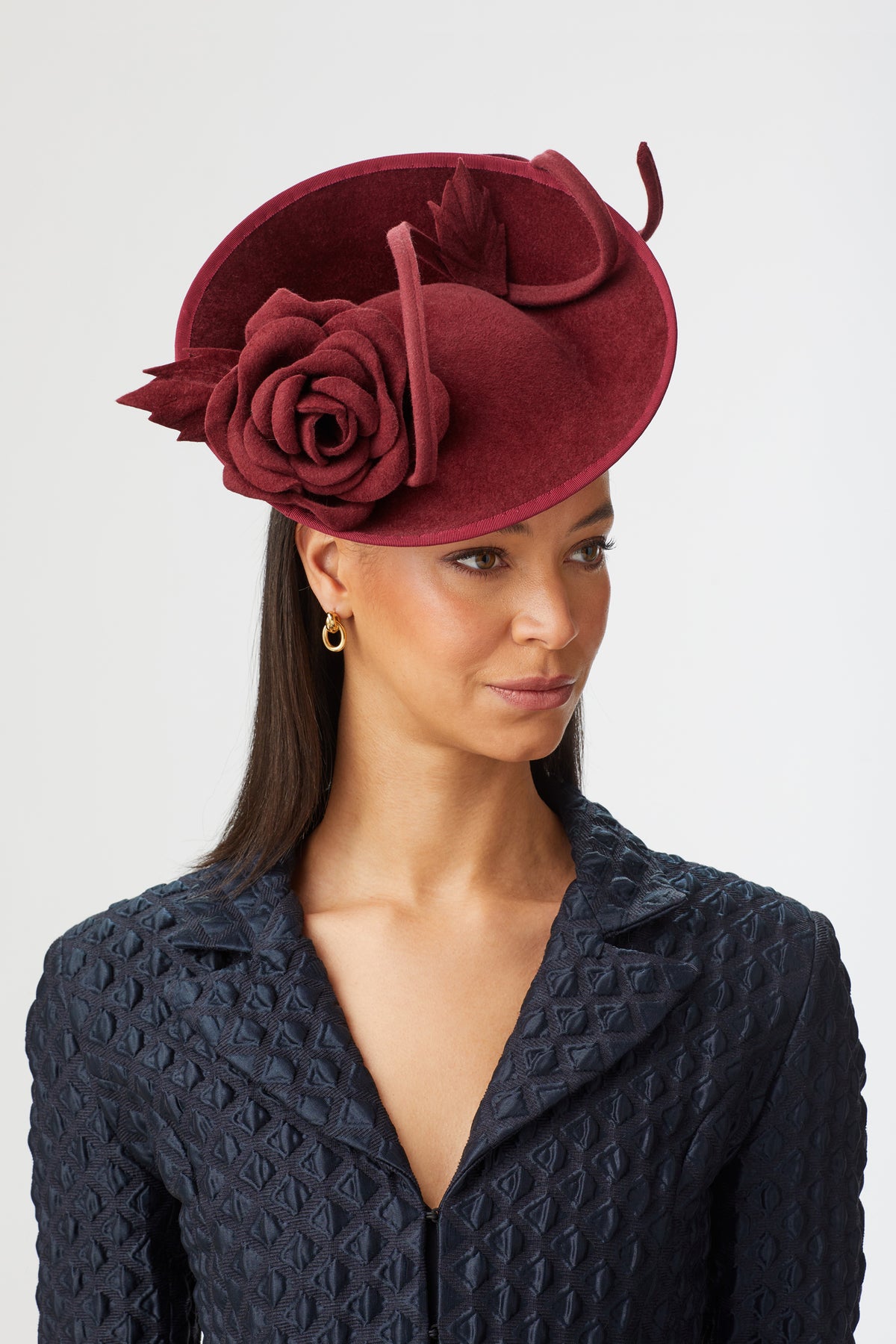WOMEN'S BURGUNDY FELT COUTURE PERCHER HAT WITH ROSE AND VINE DETAILING