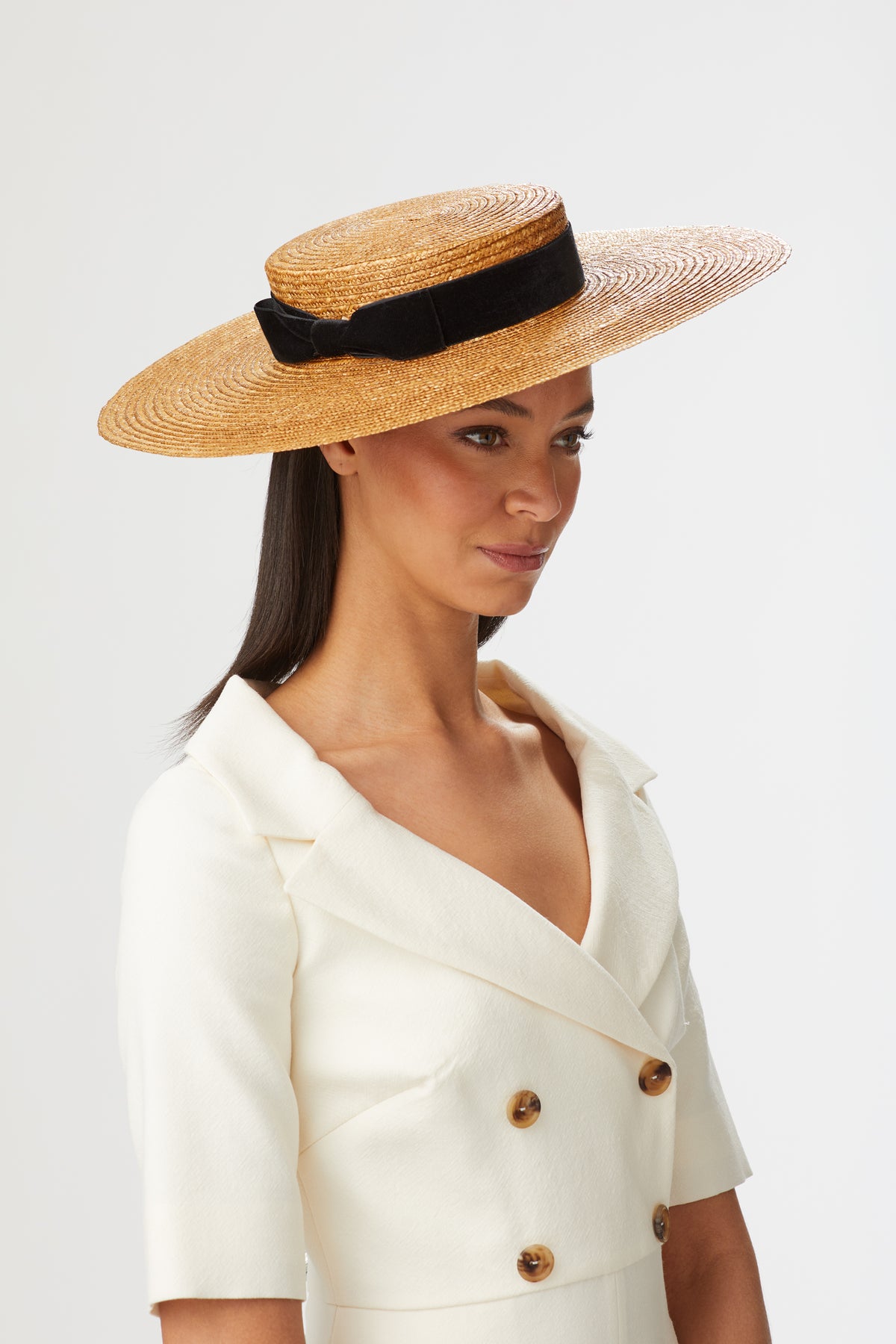STRAW BOATER HAT WITH BLACK BOW