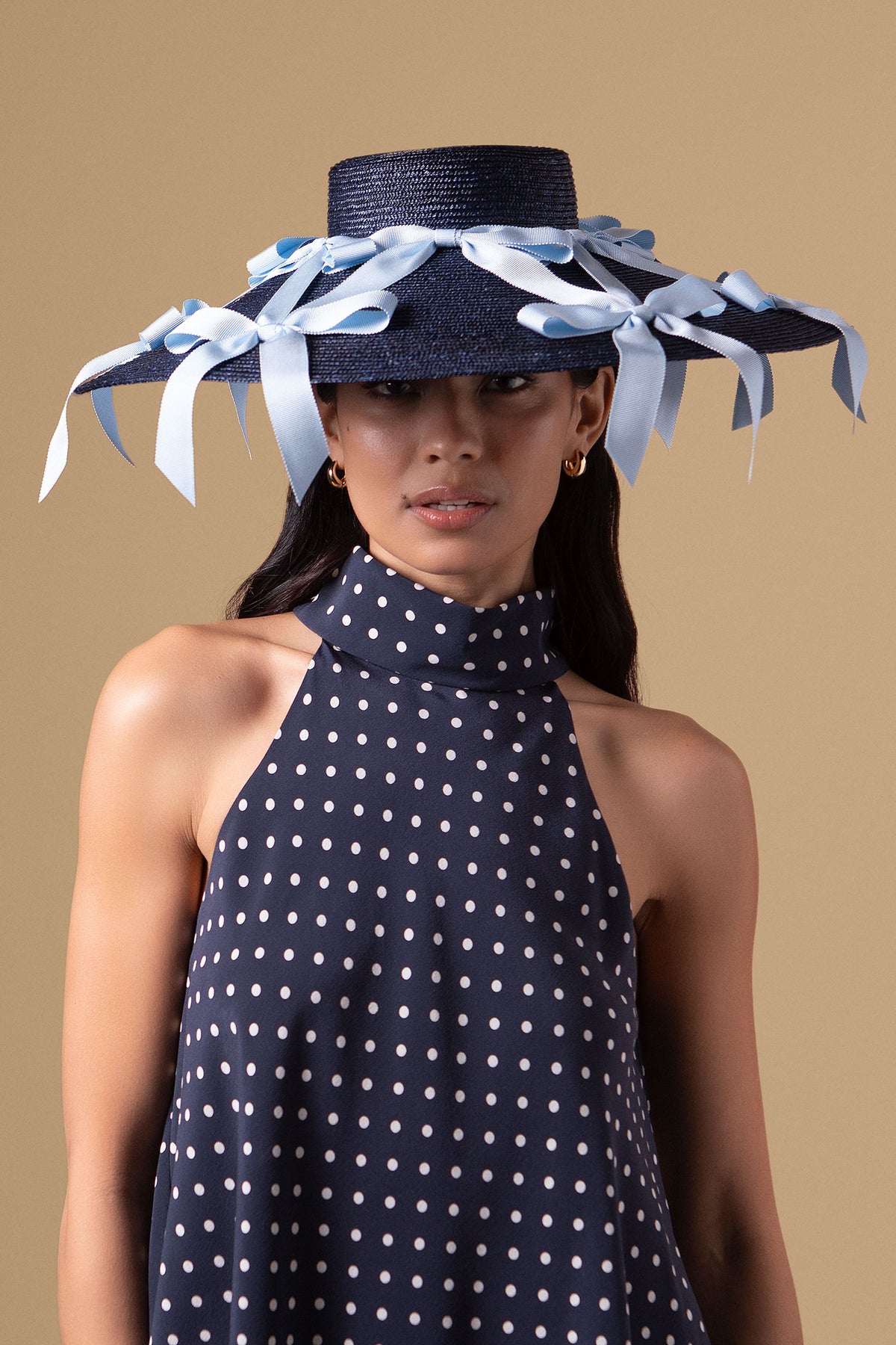 Navy wide brim straw percher hat with light blue grosgrain ribbons - Lock & Co. Hatters London UK