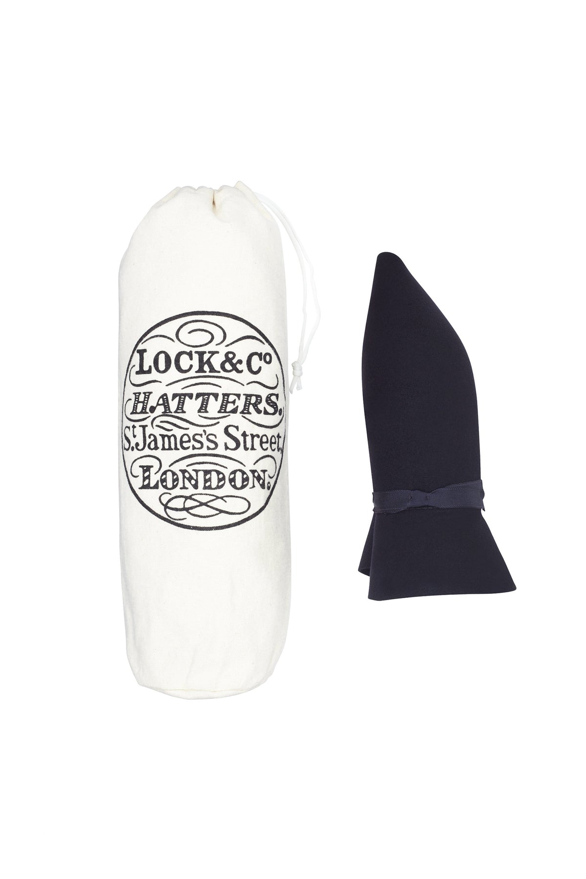 LOCK & CO. HATTERS CANVAS CAP BAG WITH DRAW STRINGS AND ROLLED UP NAVY FELT TRILBY