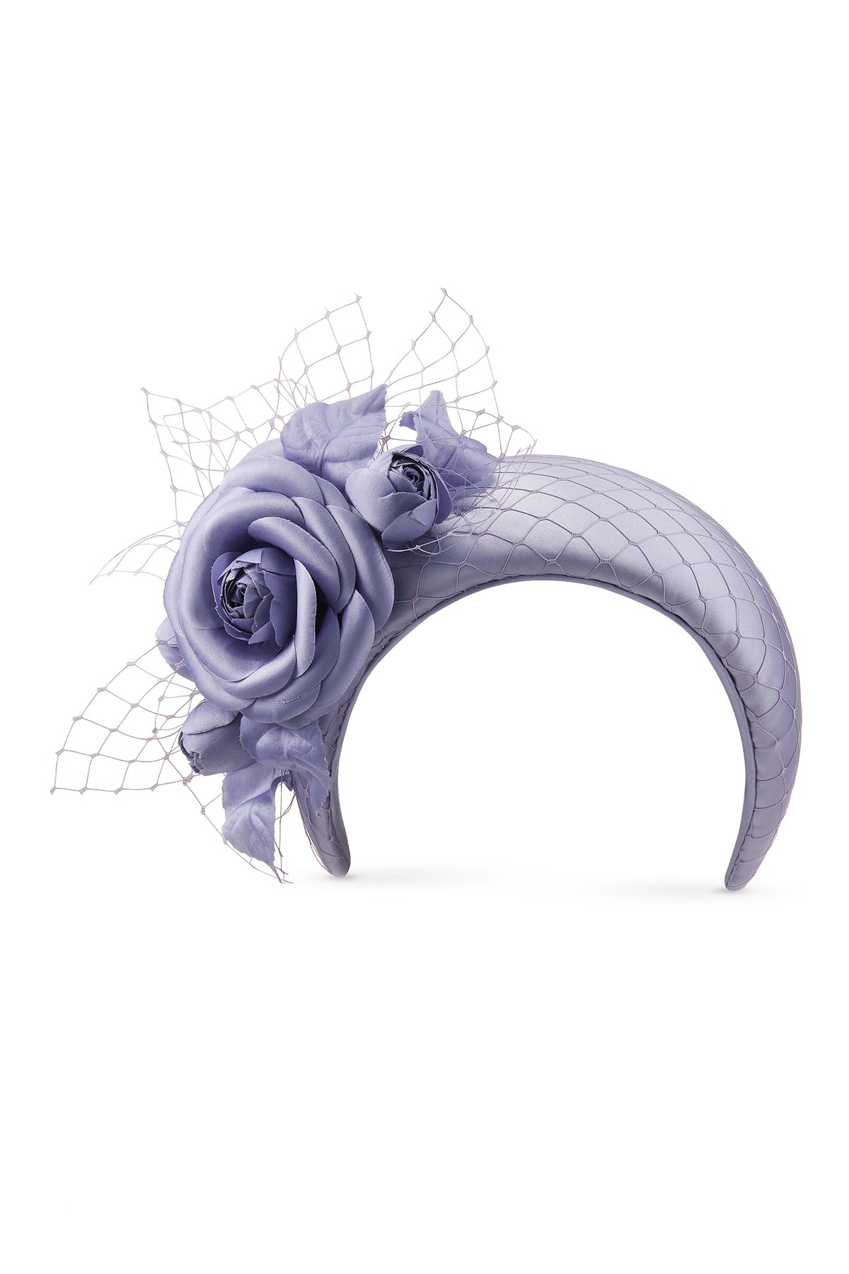 Women's Ceylon Lavender Crepe Back Satin Headband With A Delicate Satin Camellia And Veiling Trim