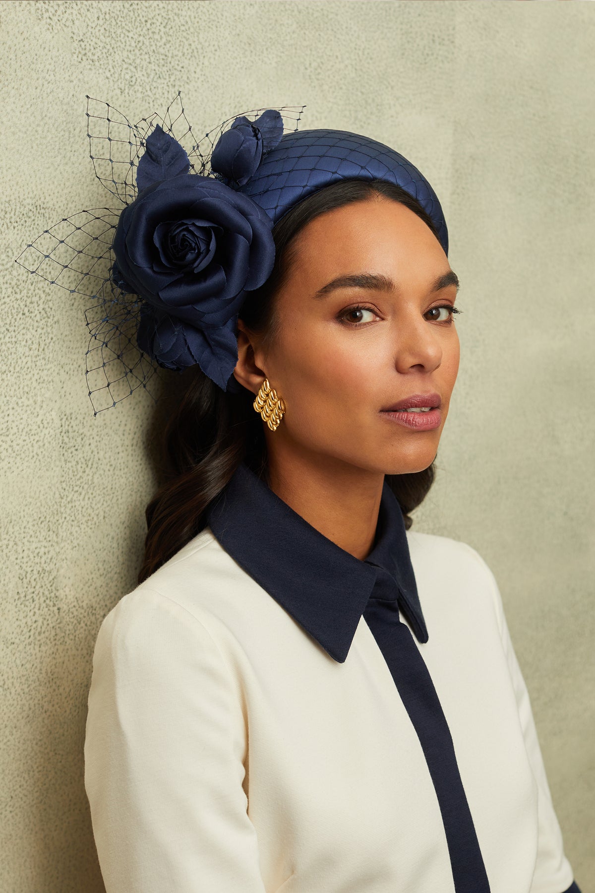 Women's Ceylon Navy Crepe Back Satin Headband With A Delicate Satin Camellia And Veiling Trim - Lock & Co. Hatters London UK