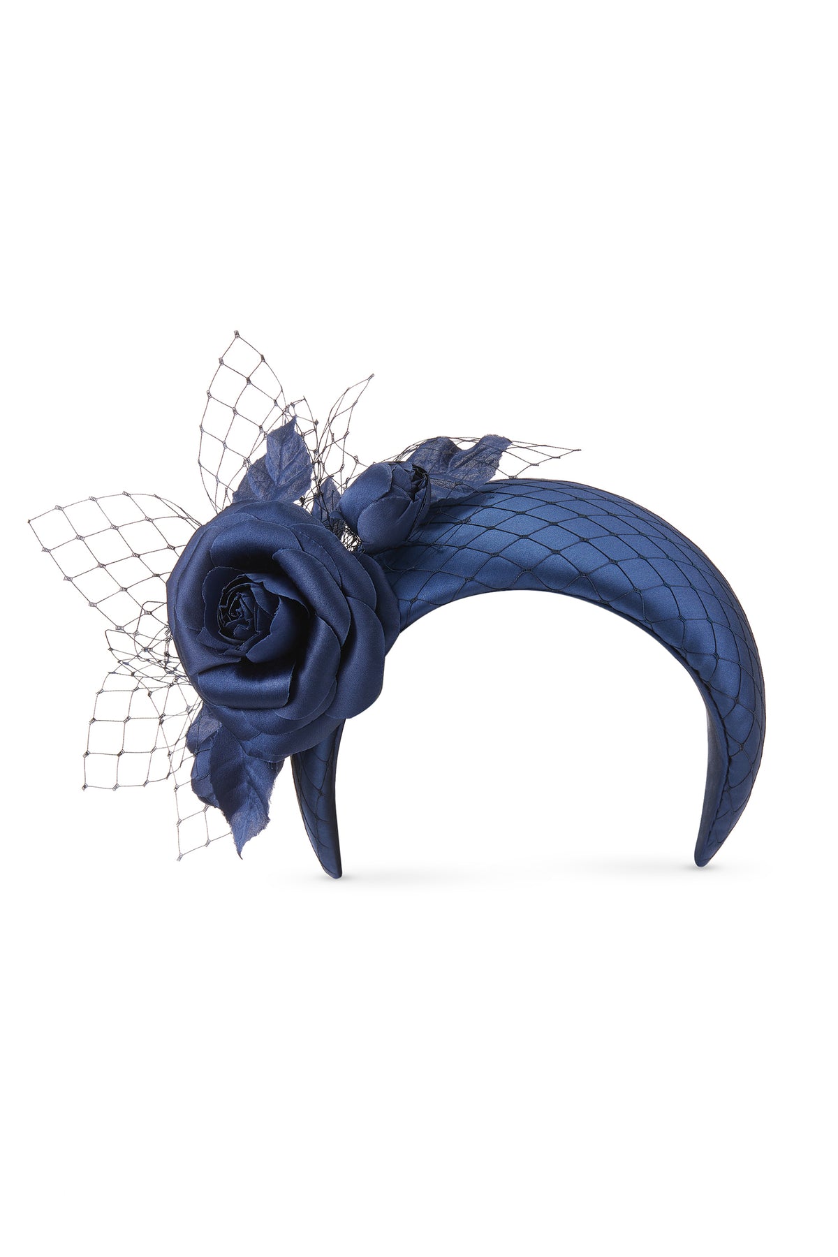 Women's Ceylon Navy Crepe Back Satin Headband With A Delicate Satin Camellia And Veiling Trim