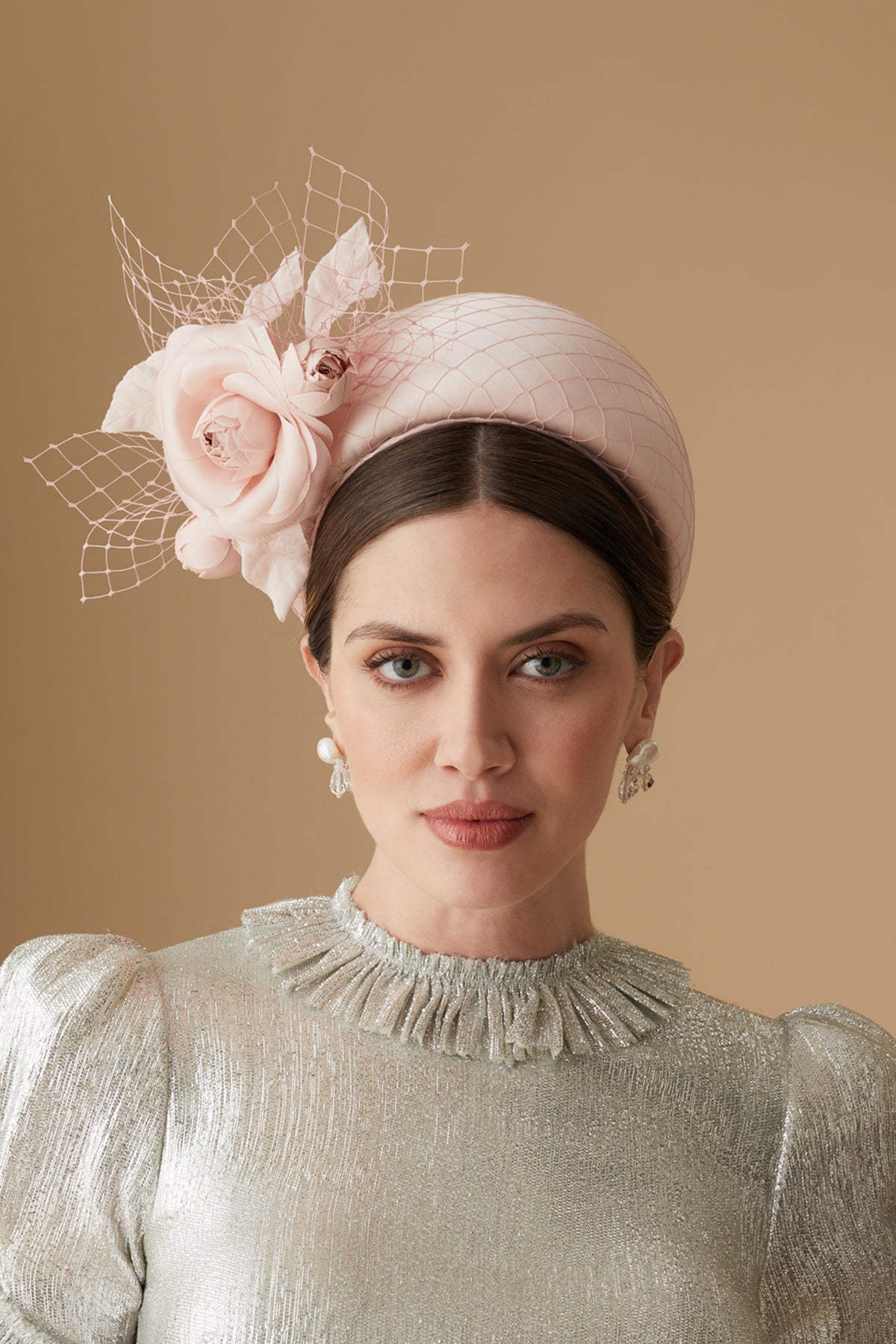 Women's Ceylon Pink Crepe Back Satin Headband With A Delicate Satin Camellia And Veiling Trim - Lock & Co. Hatters London UK