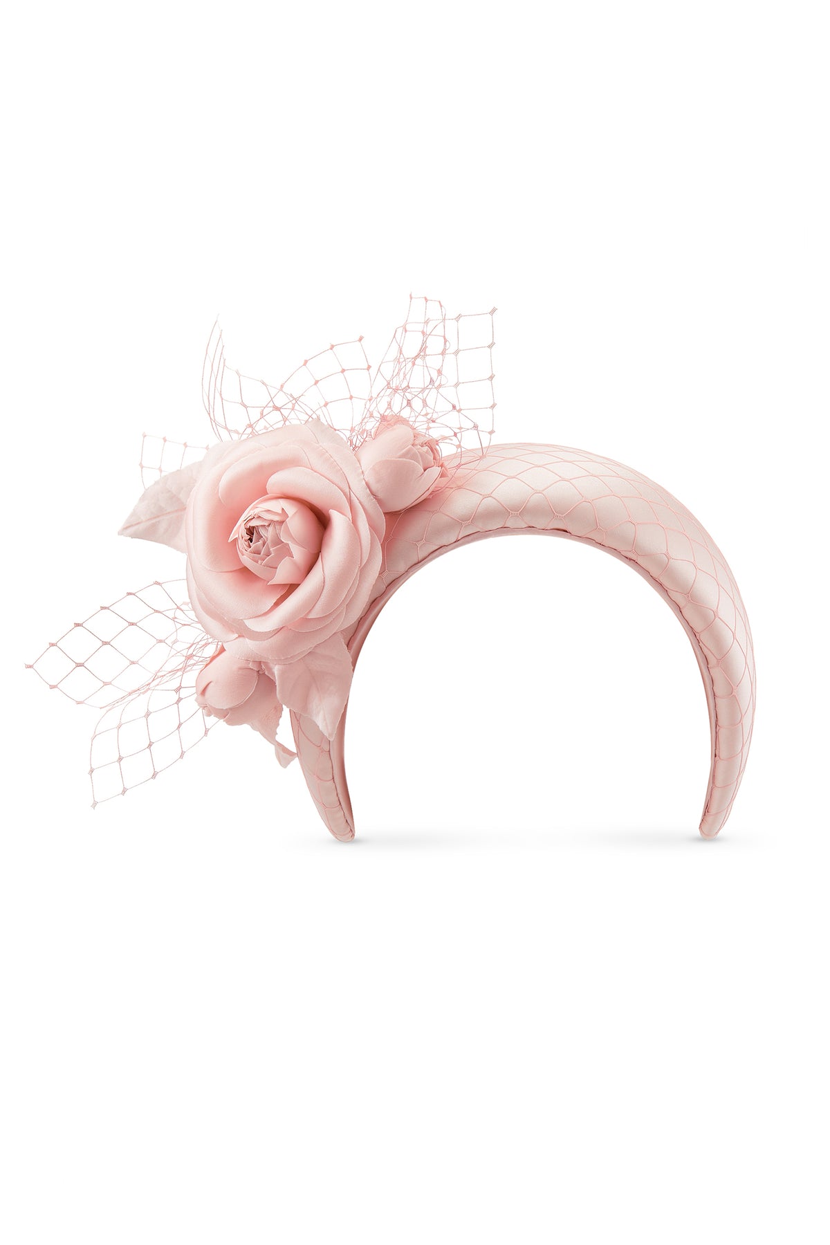 Women's Ceylon Pink Crepe Back Satin Headband With A Delicate Satin Camellia And Veiling Trim