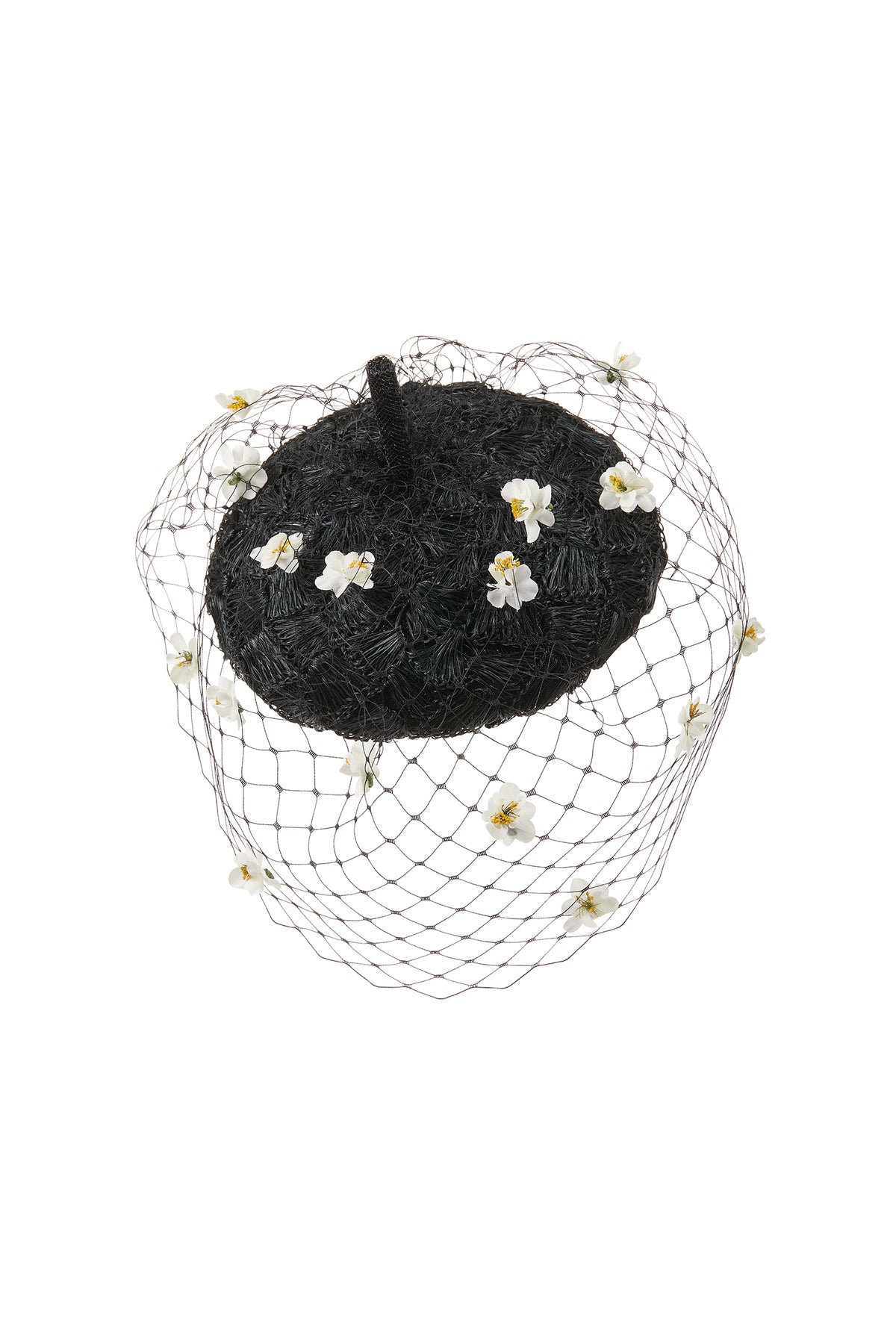 WOMEN'S CHAMOMILE BLACK PARASISAL STRAW COUTURE BERET WITH VINTAGE DAISY SPECKLED VEIL