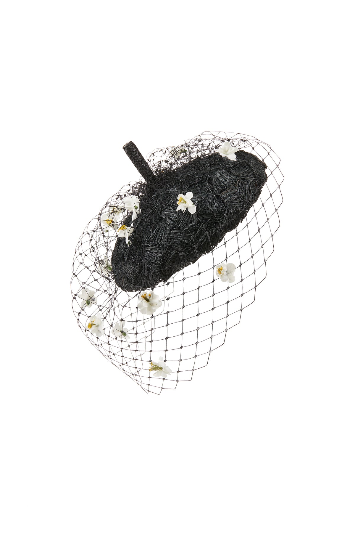 WOMEN'S CHAMOMILE BLACK PARASISAL STRAW COUTURE BERET WITH VINTAGE DAISY SPECKLED VEIL