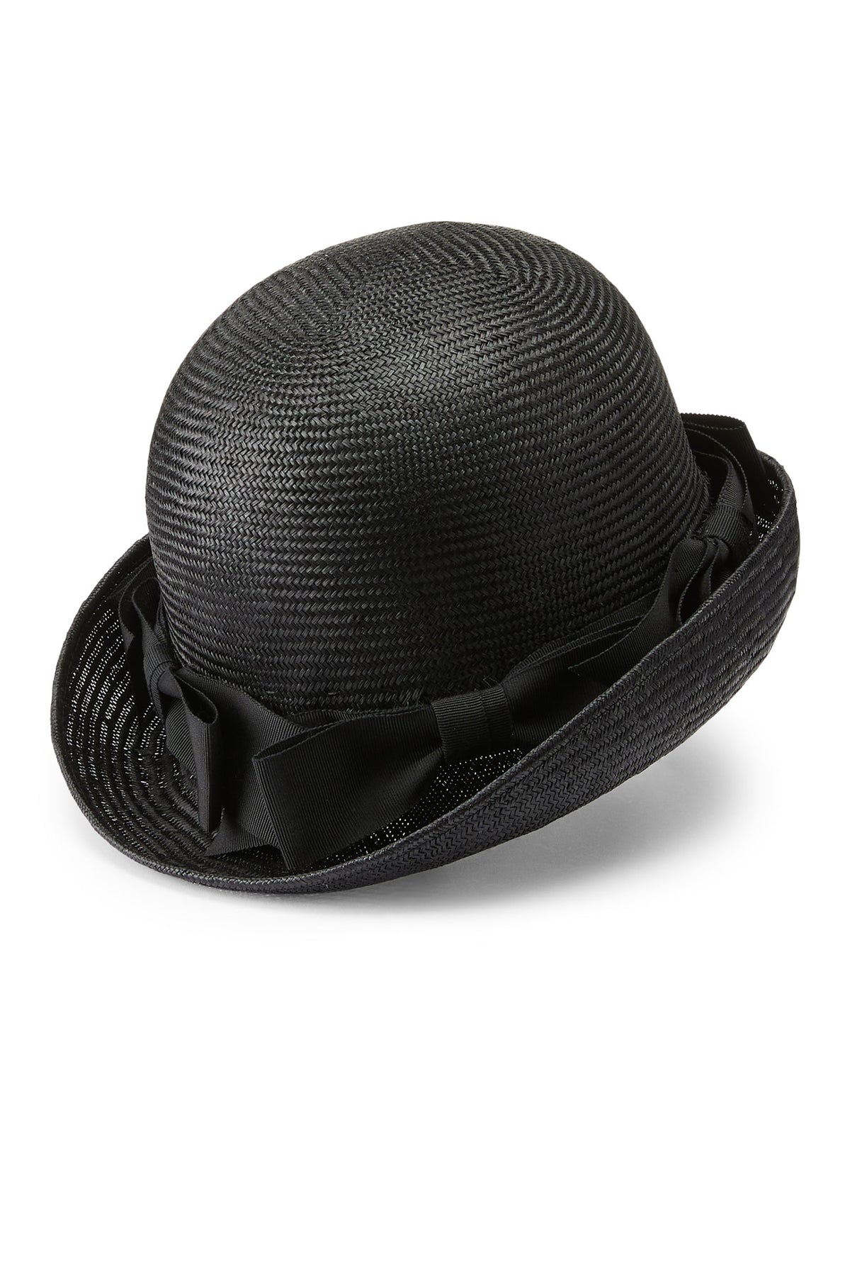 Women's black parasisal bowler hat with a trim band composed of multiple petersham bows.