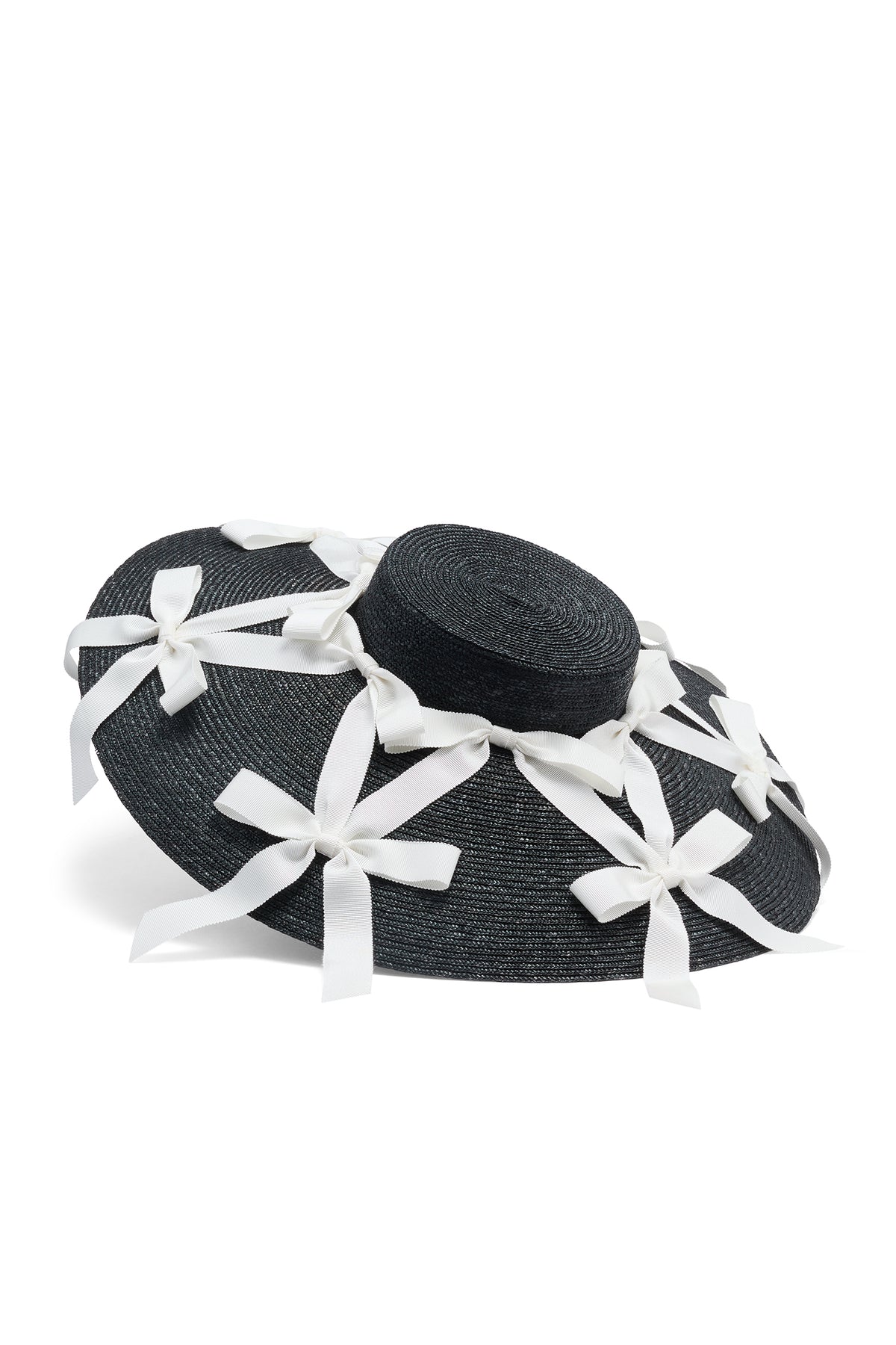 Black wide brim pedal straw percher with white grosgrain ribbons