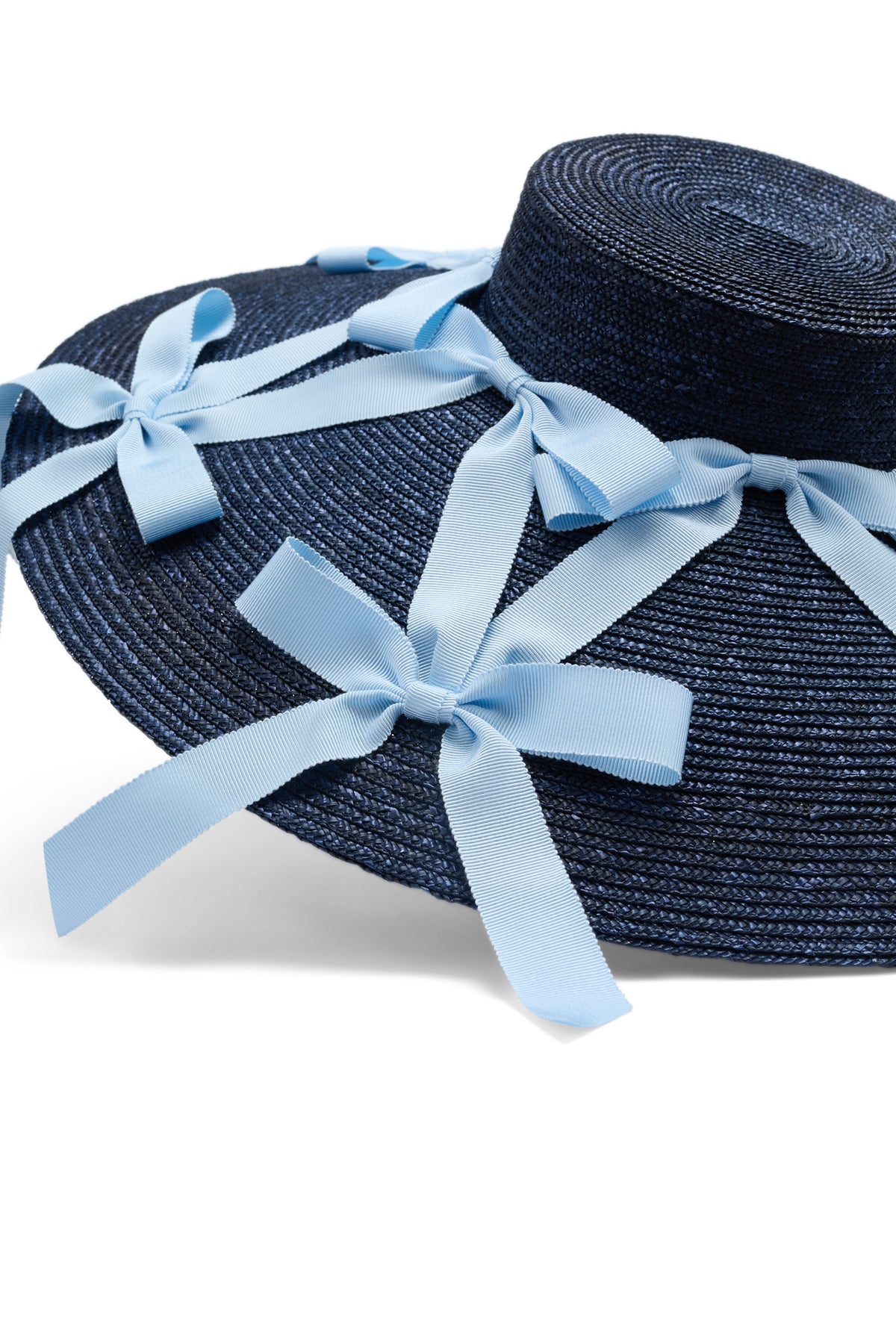 Navy wide brim pedal straw percher with light blue grosgrain ribbons