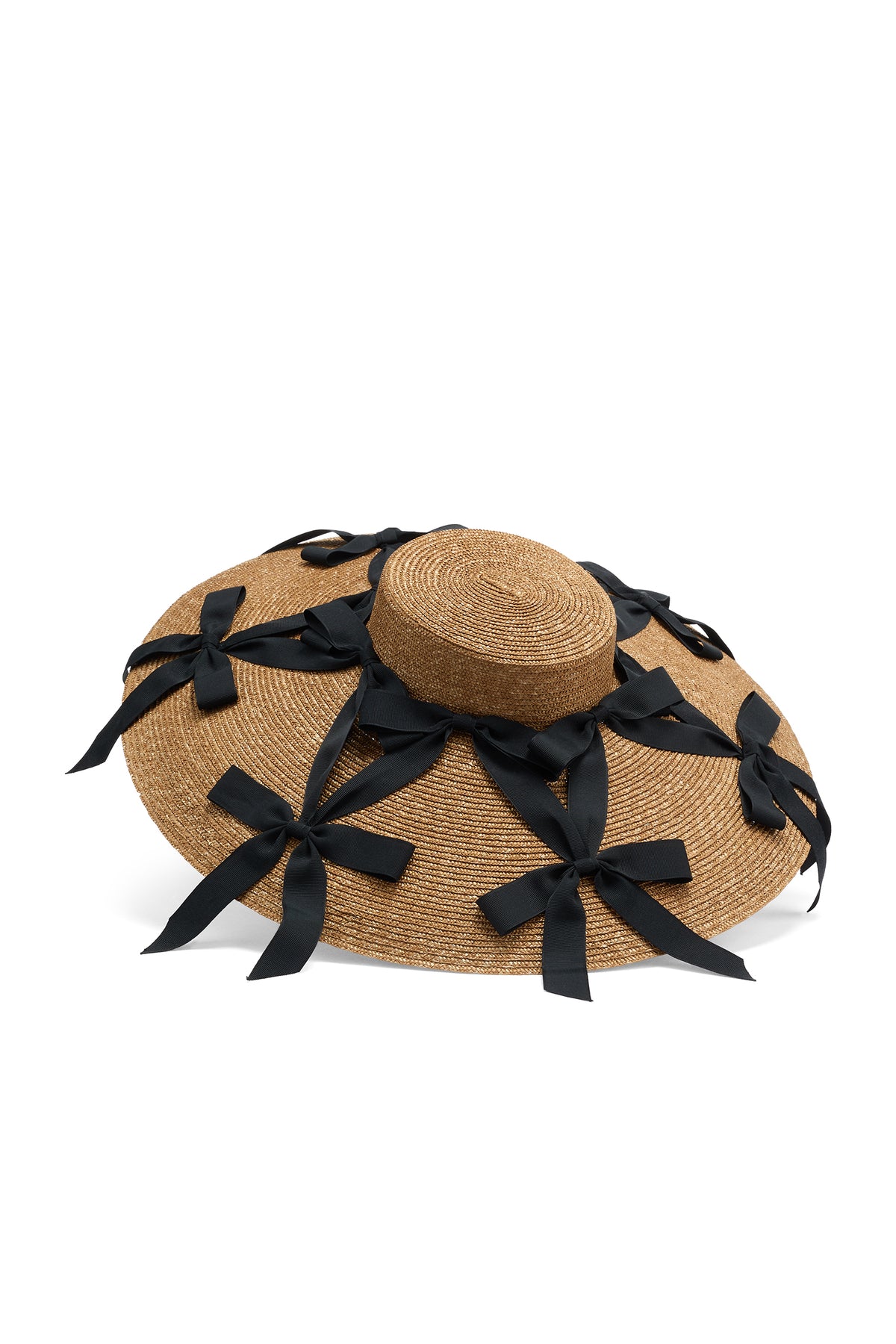 Golden wide brim percher with black grosgrain ribbons in pedal straw