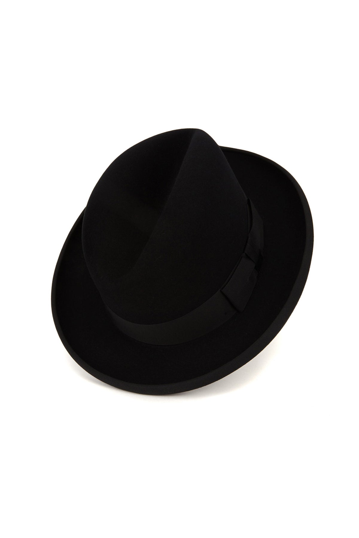 MEN'S BLACK RABBIT FUR FELT HOMBURG HAT WITH A BLACK GROSGRAIN BAND AND BOW