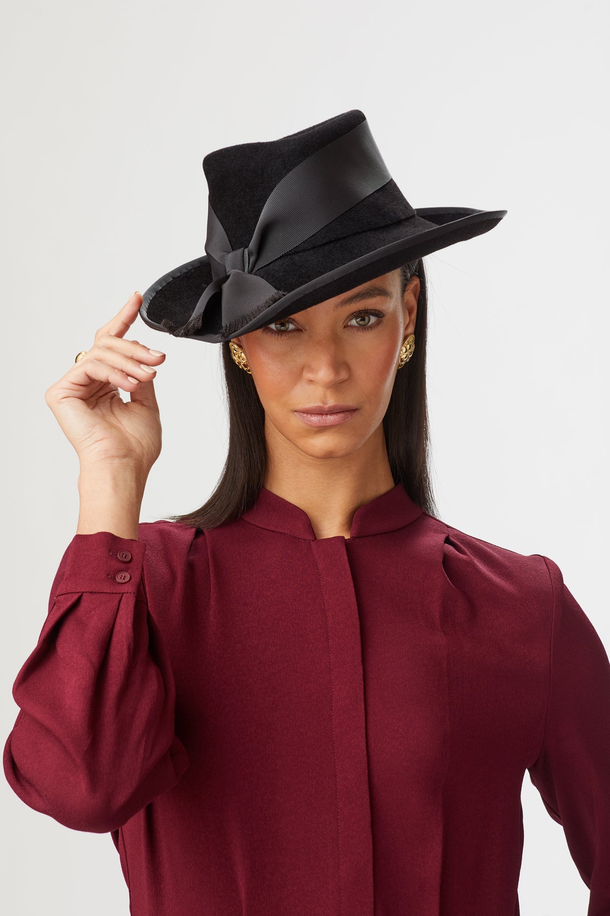 BLACK VELOUR FELT COUTURE TRILBY HAT WITH A MATCHING WIDE BLACK RIBBON