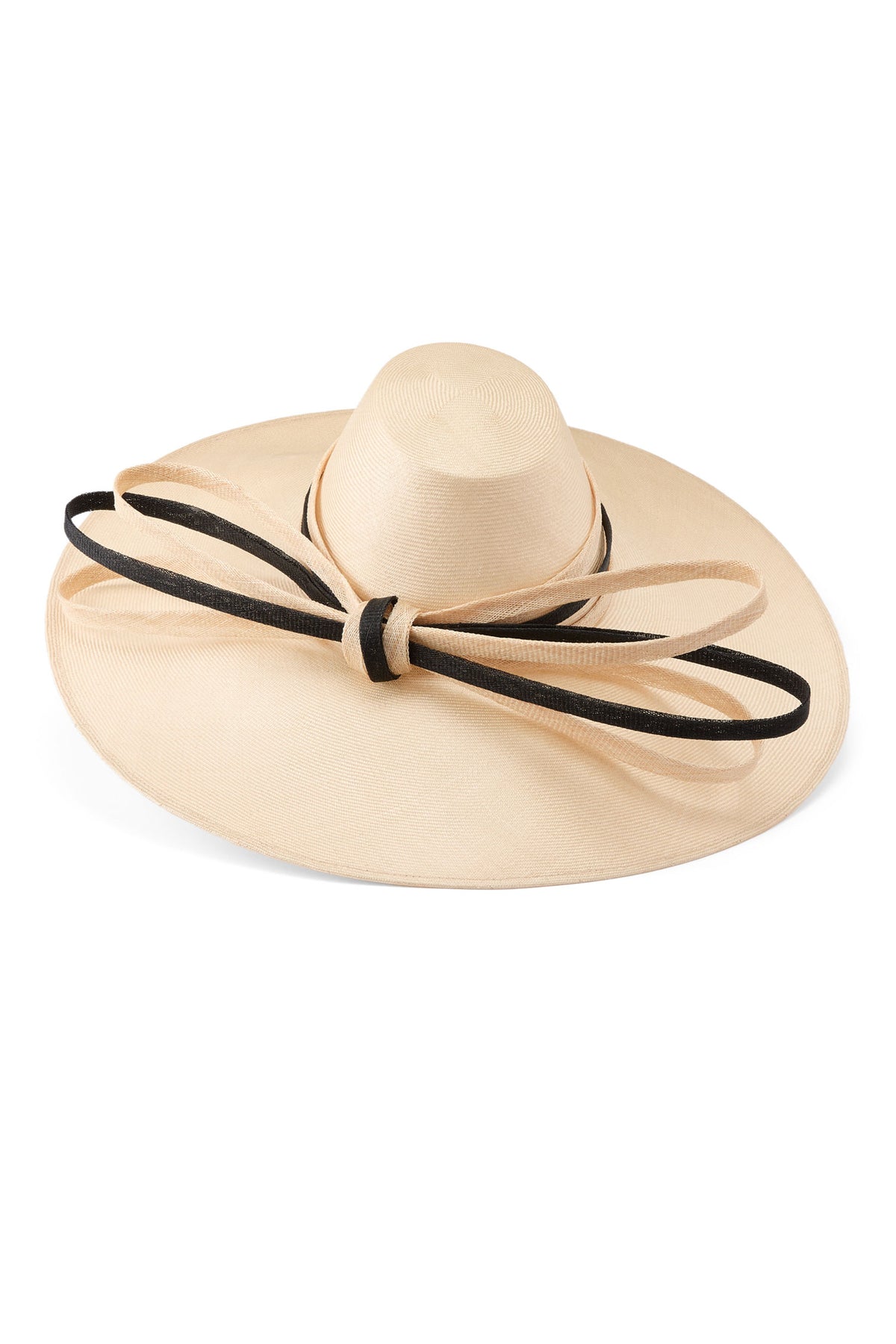 Women's wide brim parabuntal straw fedora hat with a natural and black coloured sinamay bow trim.