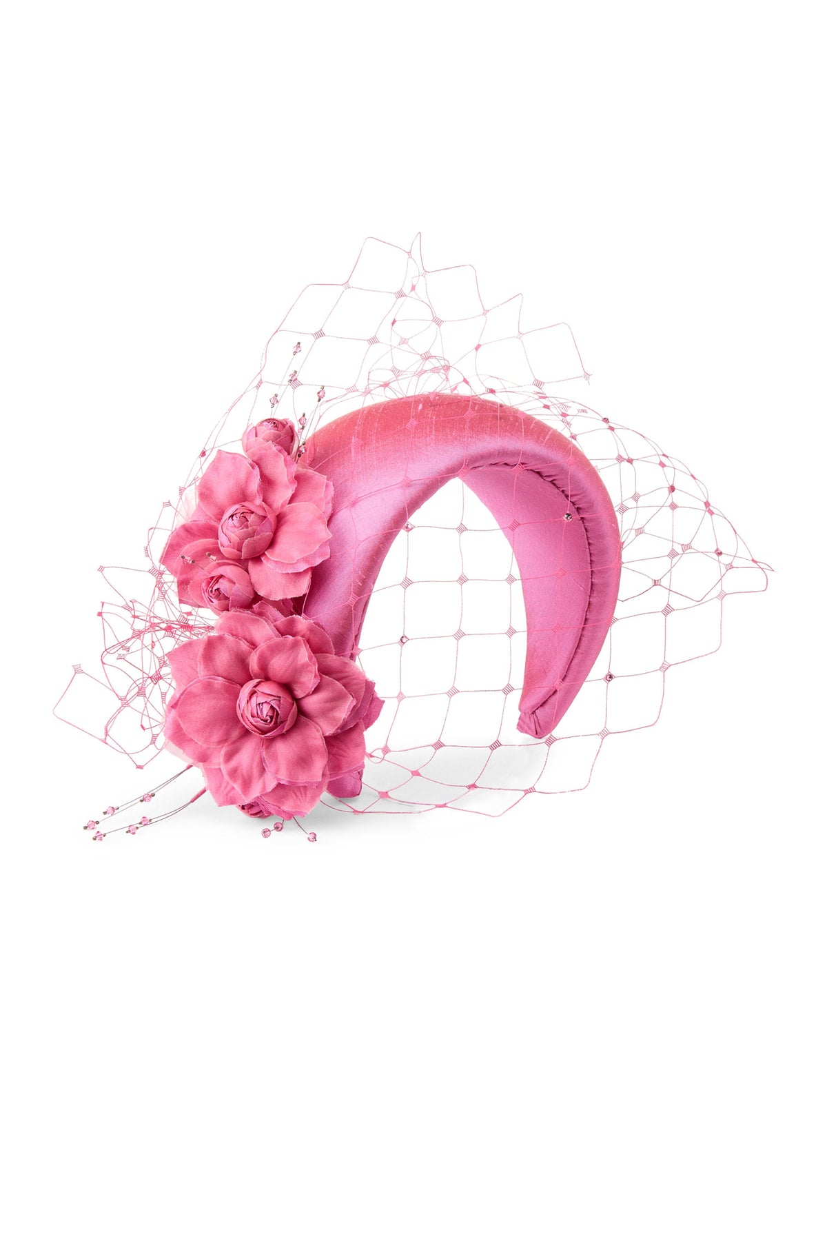 Women's pink silk dupion headband with sculptural gardenia flowers and veil.