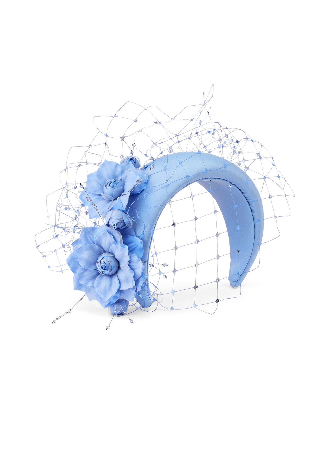 Women's blue silk dupion headband with sculptural gardenia flowers and veil.