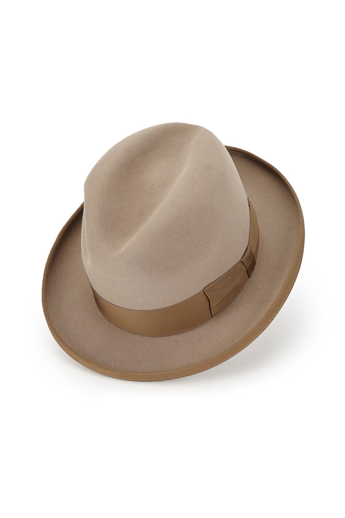 MEN'S BEIGE RABBIT FUR FELT HOMBURG HAT WITH A KETTLE CURL BRIM AND A LIGHT BROWN GROSGRAIN BAND AND BOW