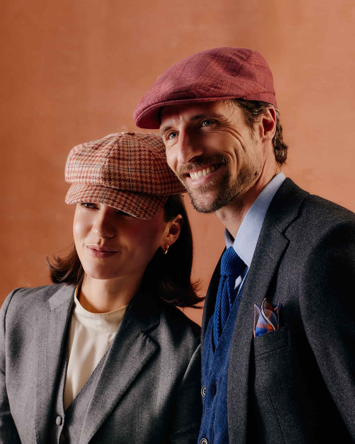 MEN'S RED CHECK WOOL FLAT CAP & WOMENS ORANGE BEIGE CHECK NEWSGIRL CAP