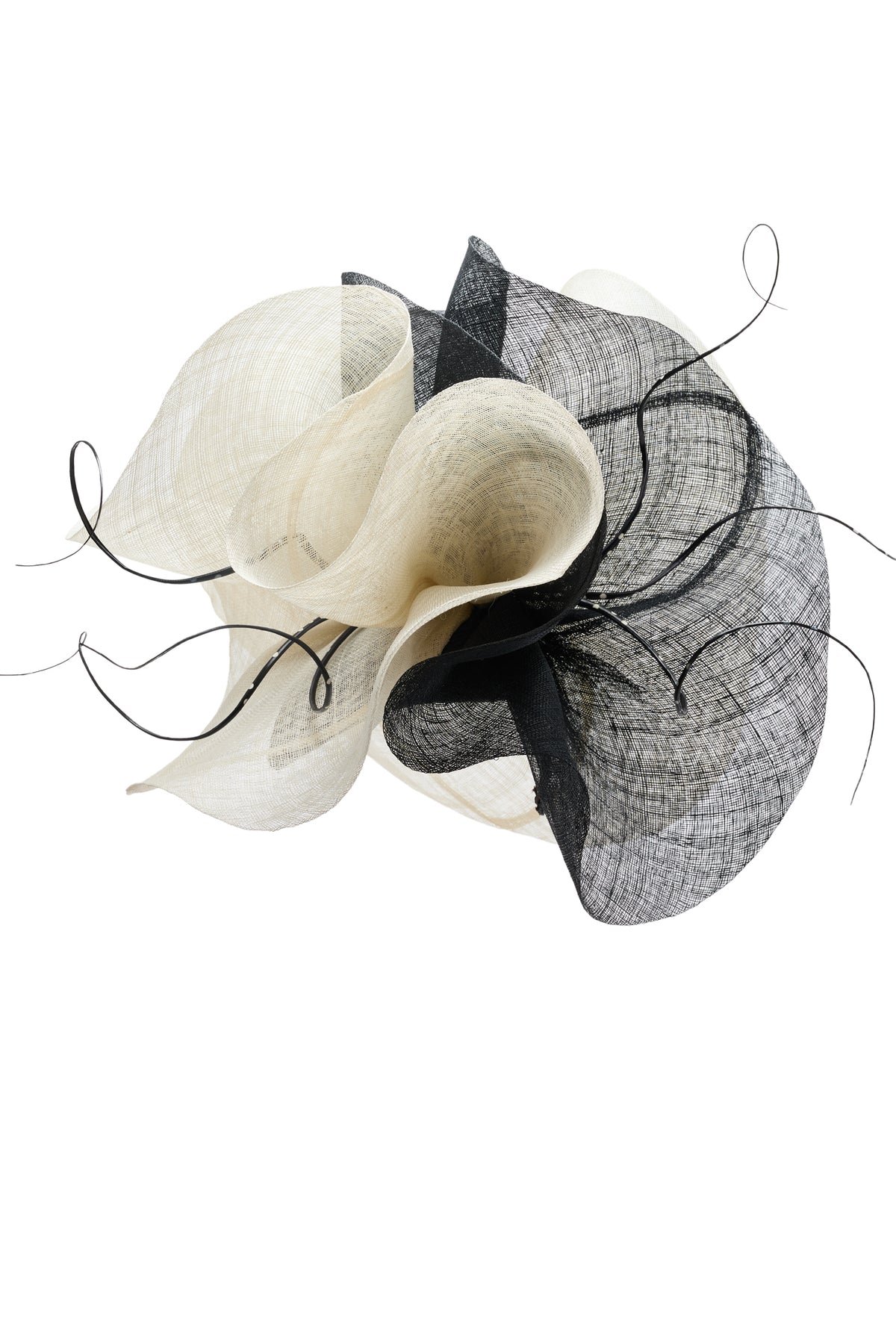 Oversized black and white teardrop percher in parasisal straw with oversized sinamay flowers and sculpted polka dot ostrich quills