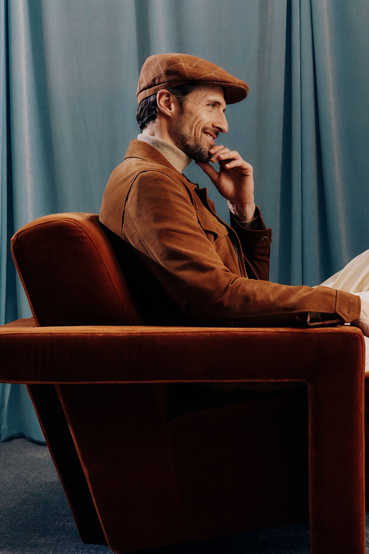 MEN'S RUST AND BEIGE CHECK WOOL FLAT CAP