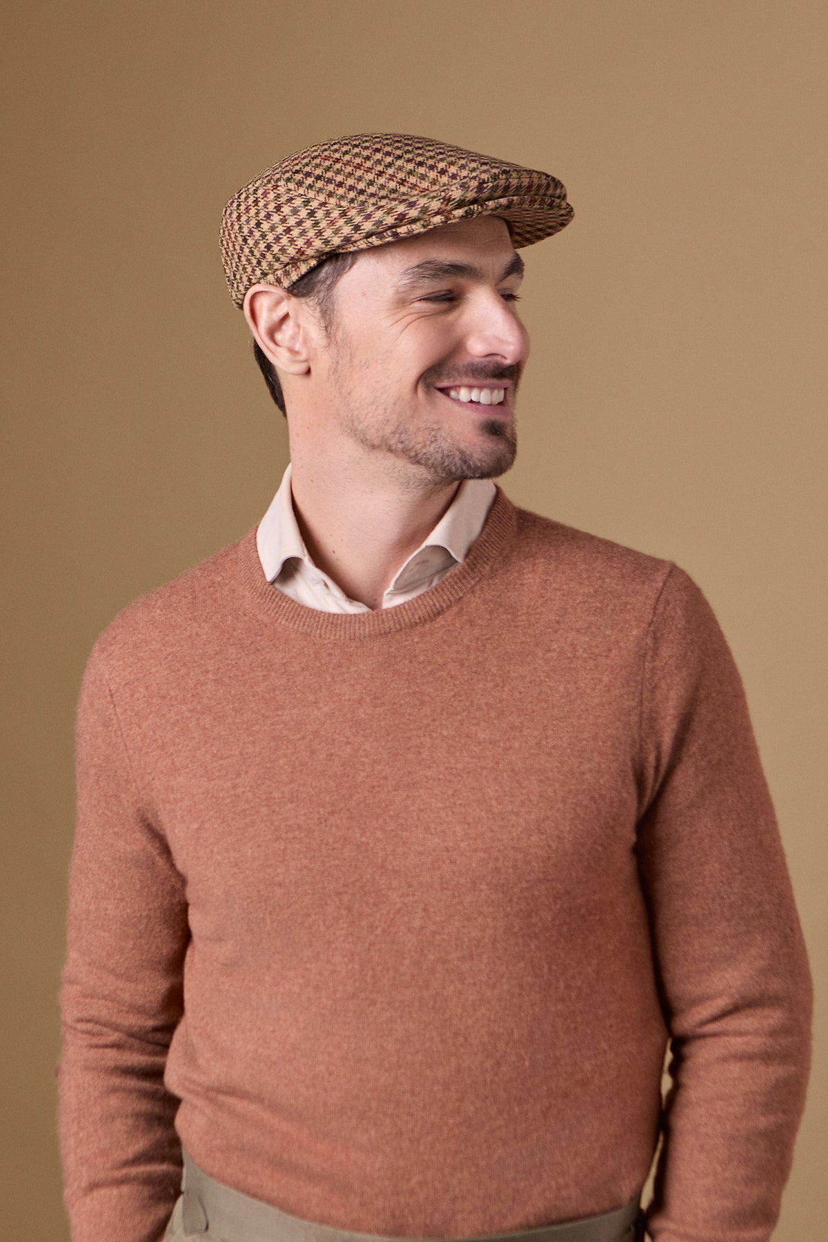 BROWN, ORANGE AND GREEN CHECK WOOL TWEED FLAT CAP