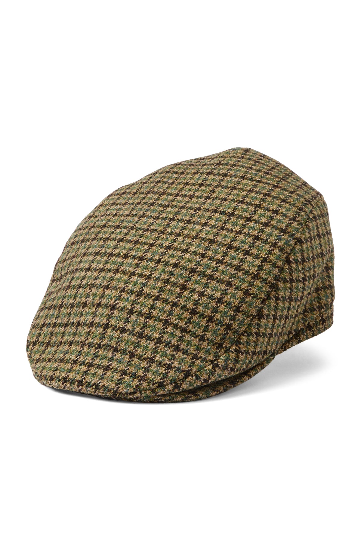 GREEN AND BROWN CHECK WOOL TWEED FLAT CAP