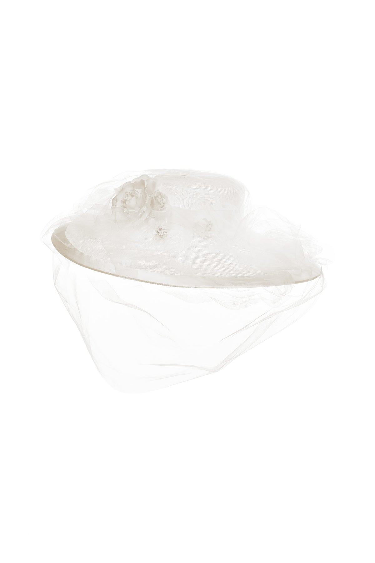 IVORY SOFT TULLE DRAPED WEDDING PICTURE HAT WITH DUCHESS SATIN ROSE AND BRIM EDGING