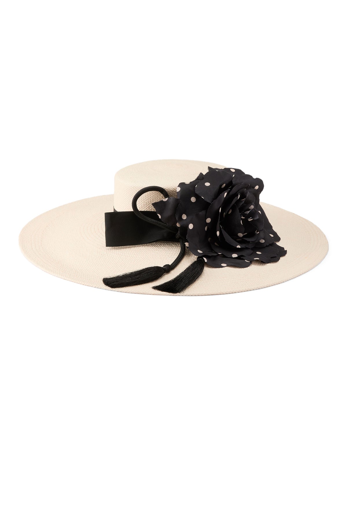 Women's ivory wide brim Panama straw boater with a classic petersham ribbon, a tasseled rope detail and a contrasting oversized black and white silk polka-dot rose.