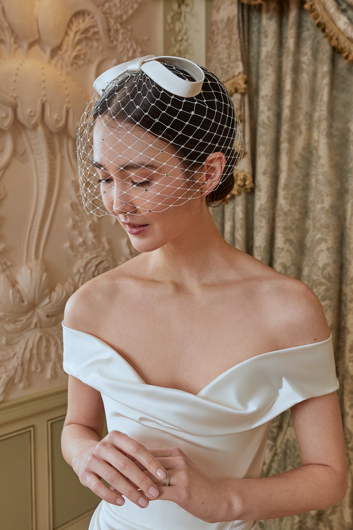 360 CRYSTALLISED BIRDCAGE WEDDING COUTURE VEIL WITH WHITE DUCHESS SATIN BOW DETAIL