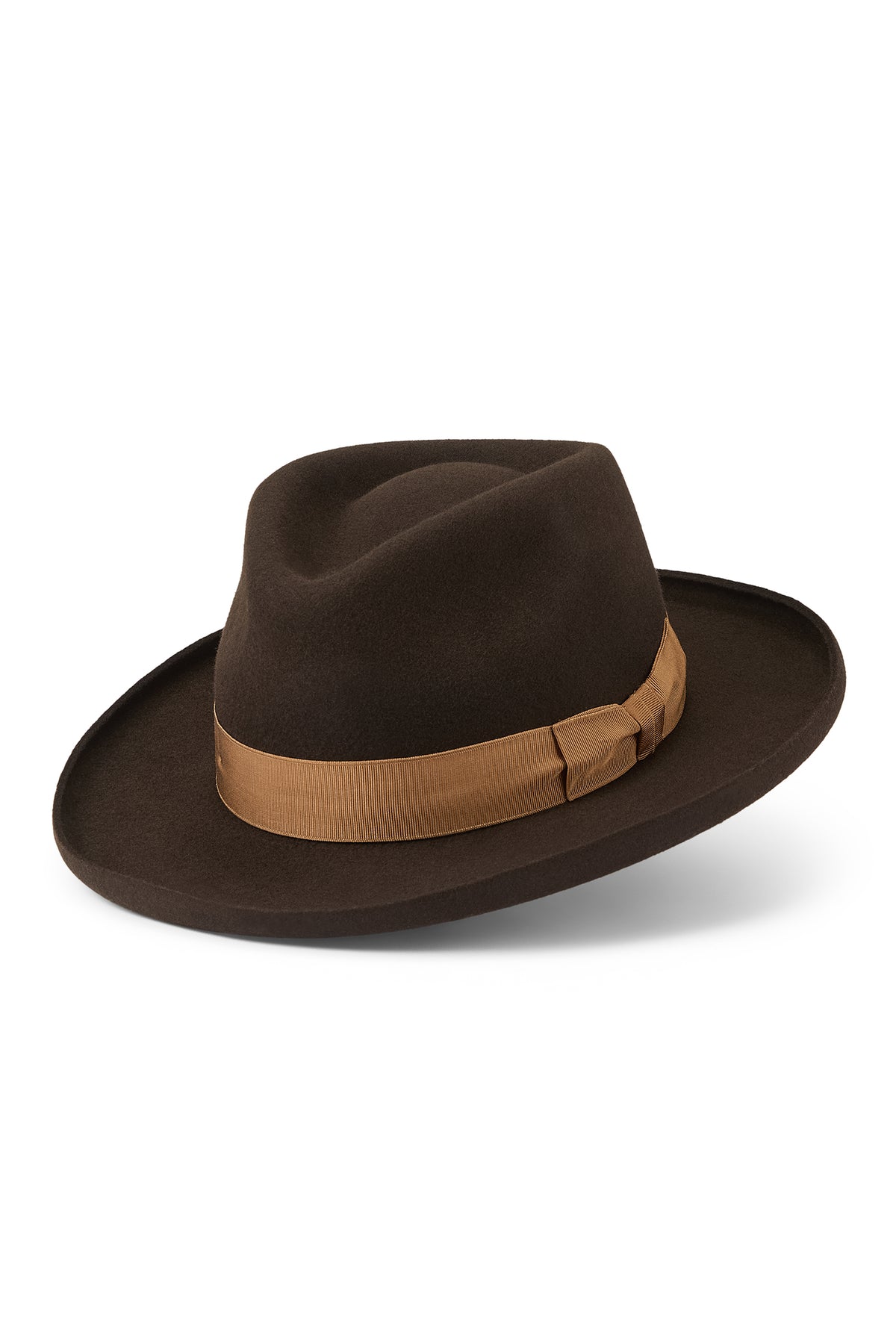 MENS DARK CHOCOLATE BROWN WOOL FEDORA HAT WITH A GROSGRAIN CARAMEL BAND AND BOW AND A PENCIL BRIM