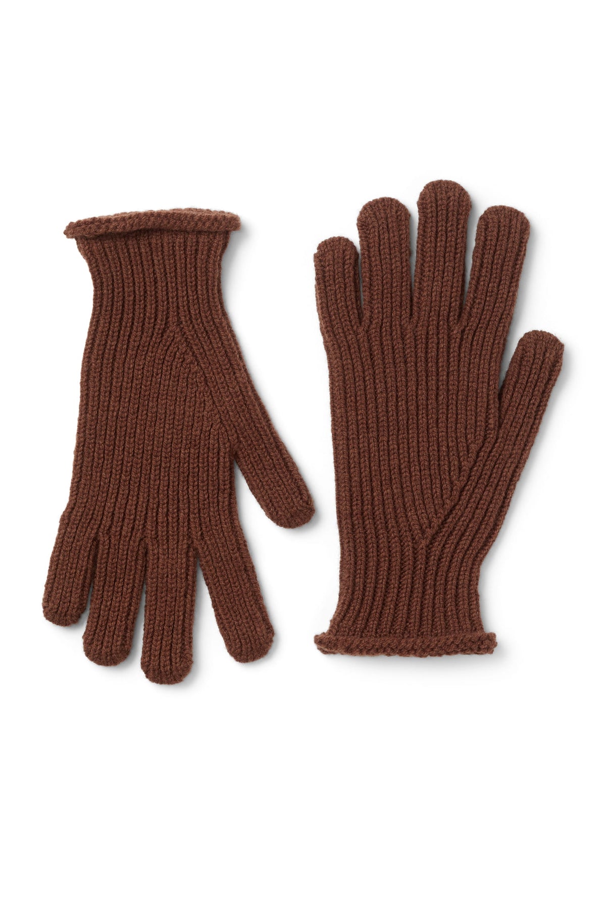 A pair of brown unisex ribbed knit wool gloves.