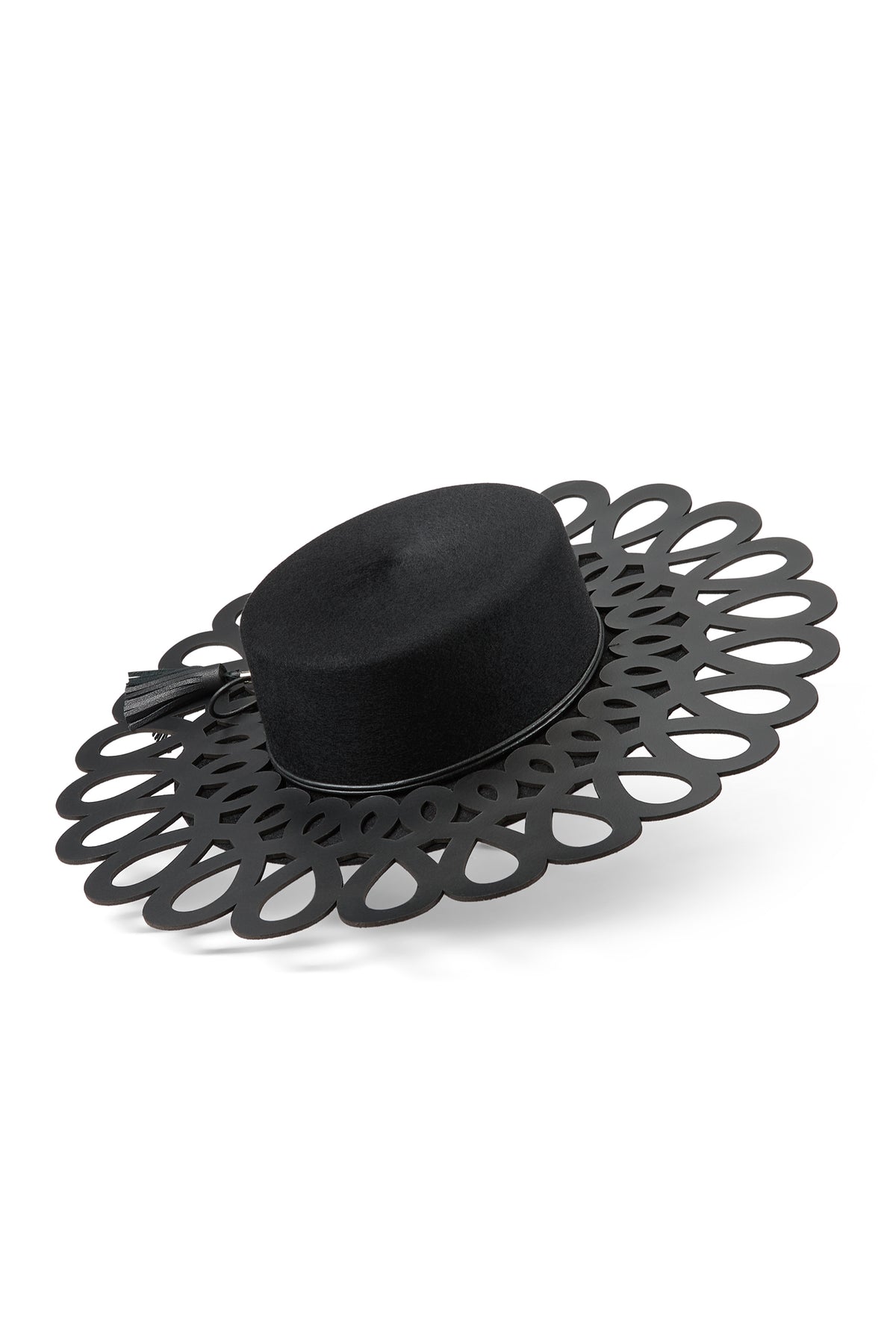 Black felt boater hat with a laser-cut leather wide brim